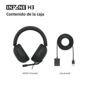 Auriculares INZONE H3 negros y cable de audio negro sobre fondo blanco.