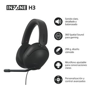 Auriculares gaming Sony Inzone H3 negros con micrófono y características.