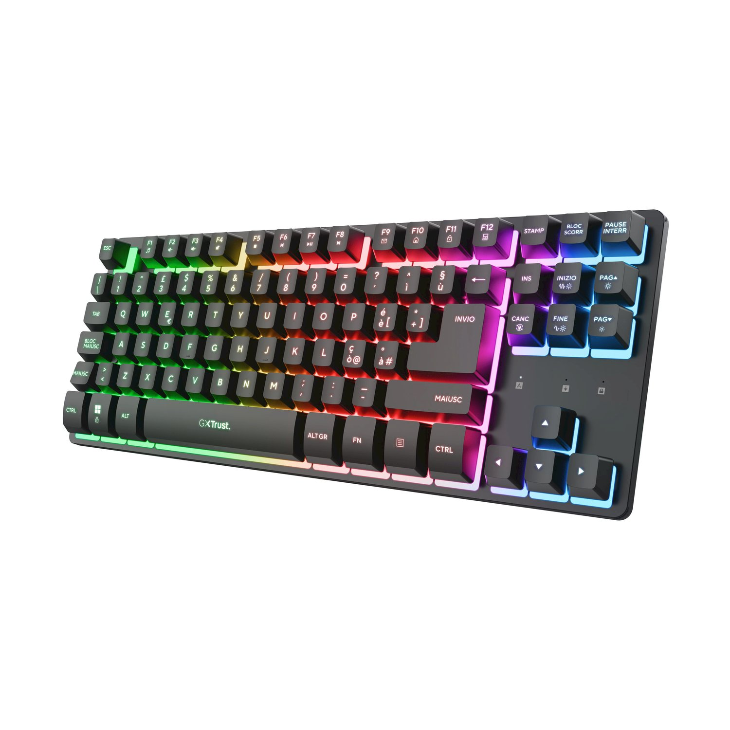 Una tastiera nera con illuminazione RGB e tasti italiani.