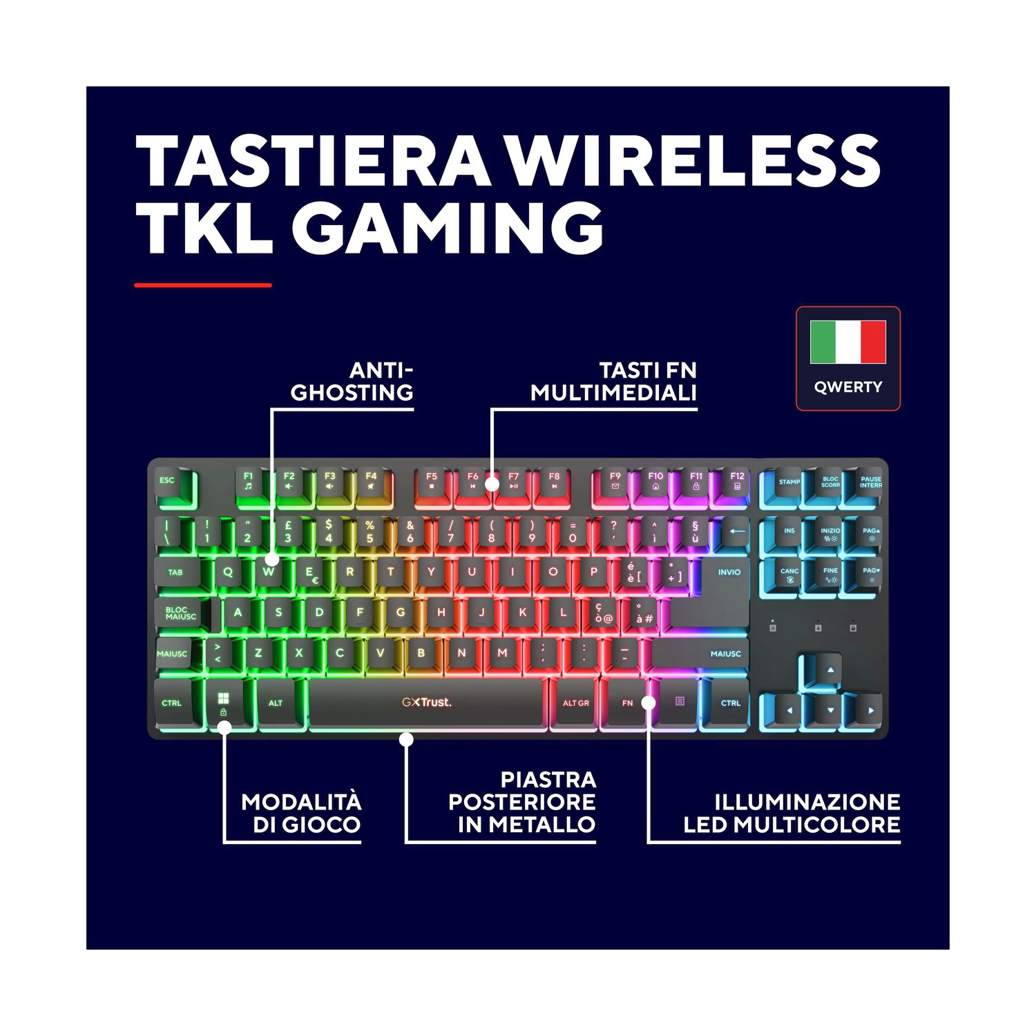 Una tastiera gaming nera con illuminazione RGB e layout QWERTY italiano.