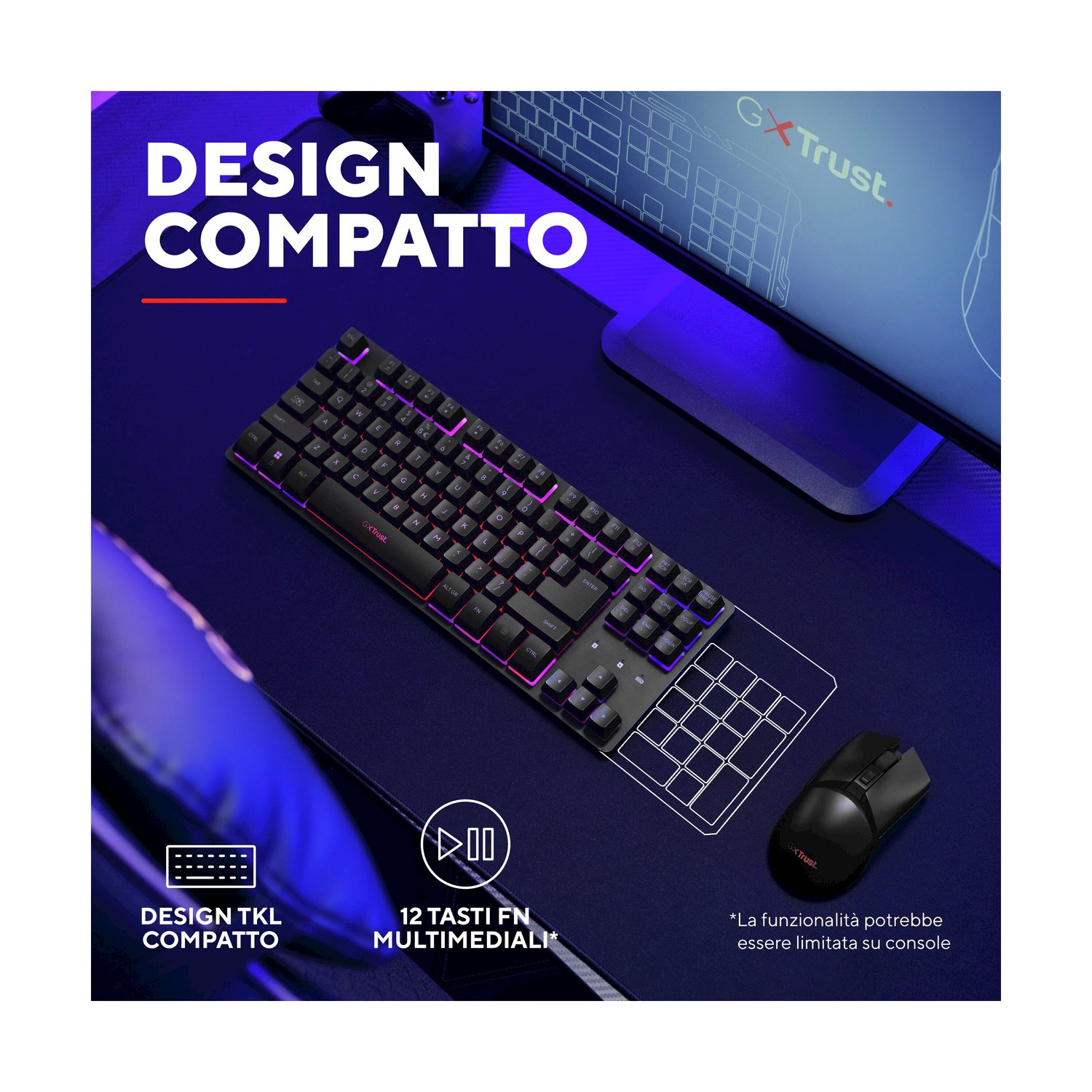 Una tastiera e un mouse compatti con illuminazione RGB riposano su un tappetino scuro.