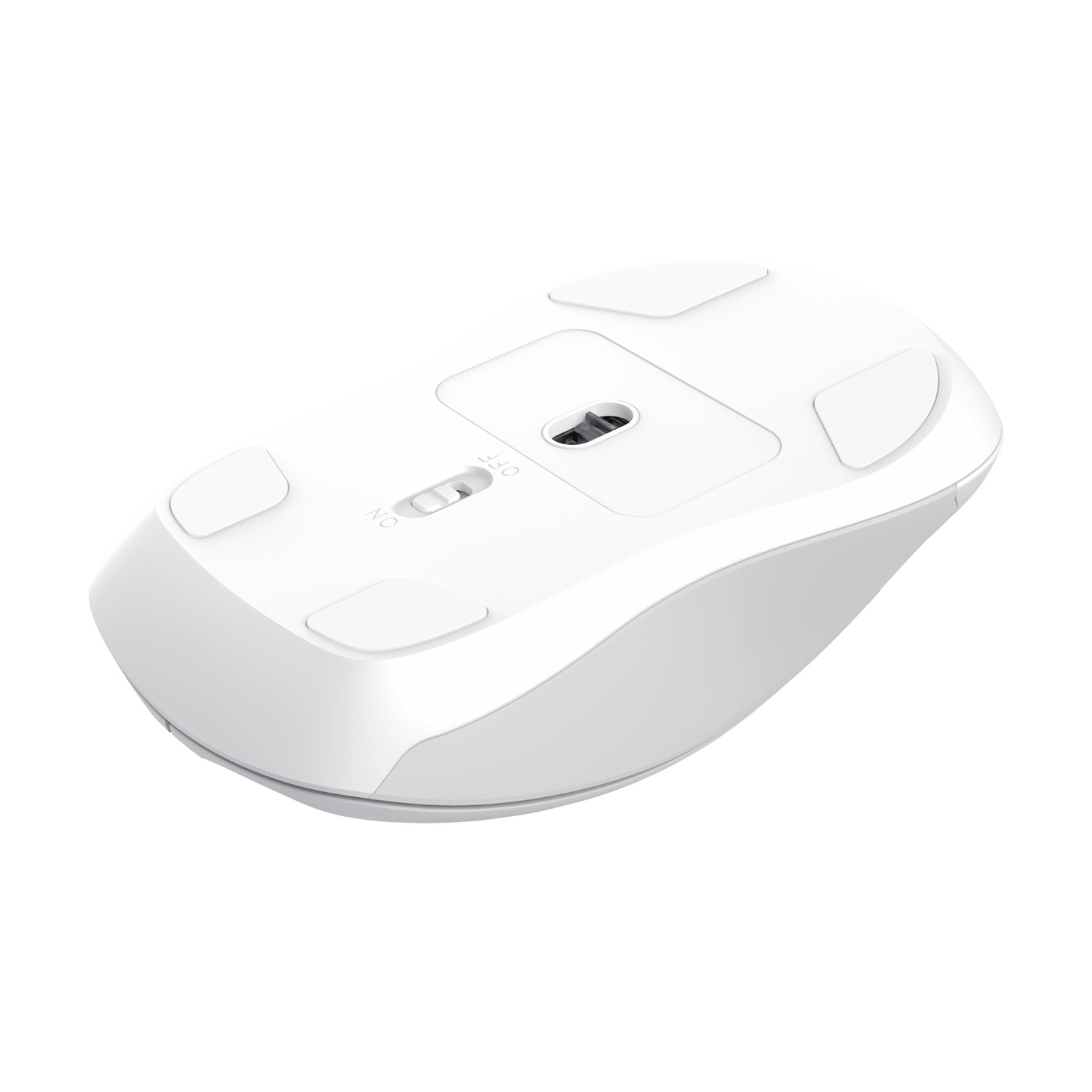 Parte inferiore di un mouse bianco con interruttore on/off e piedini.