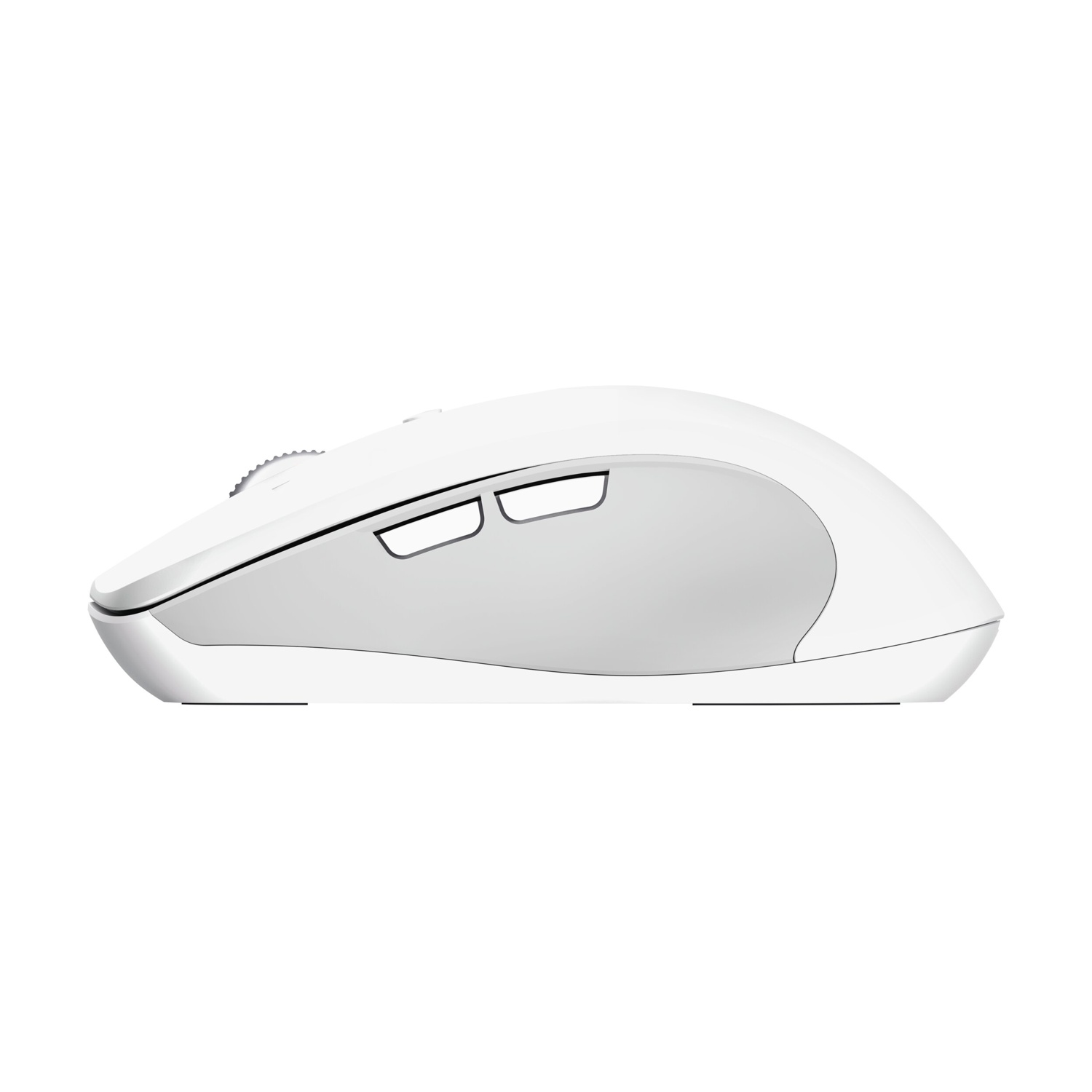 Un mouse bianco per computer con rotellina e due pulsanti, visto di lato.