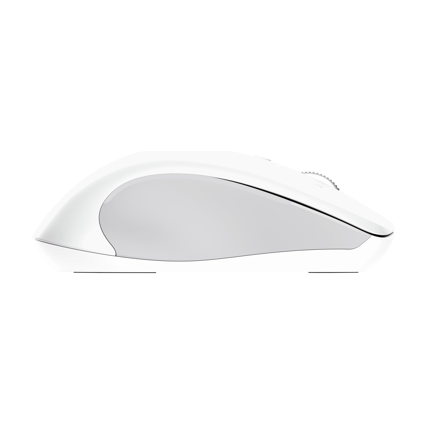 Un mouse bianco con rotellina grigia, visto di lato.