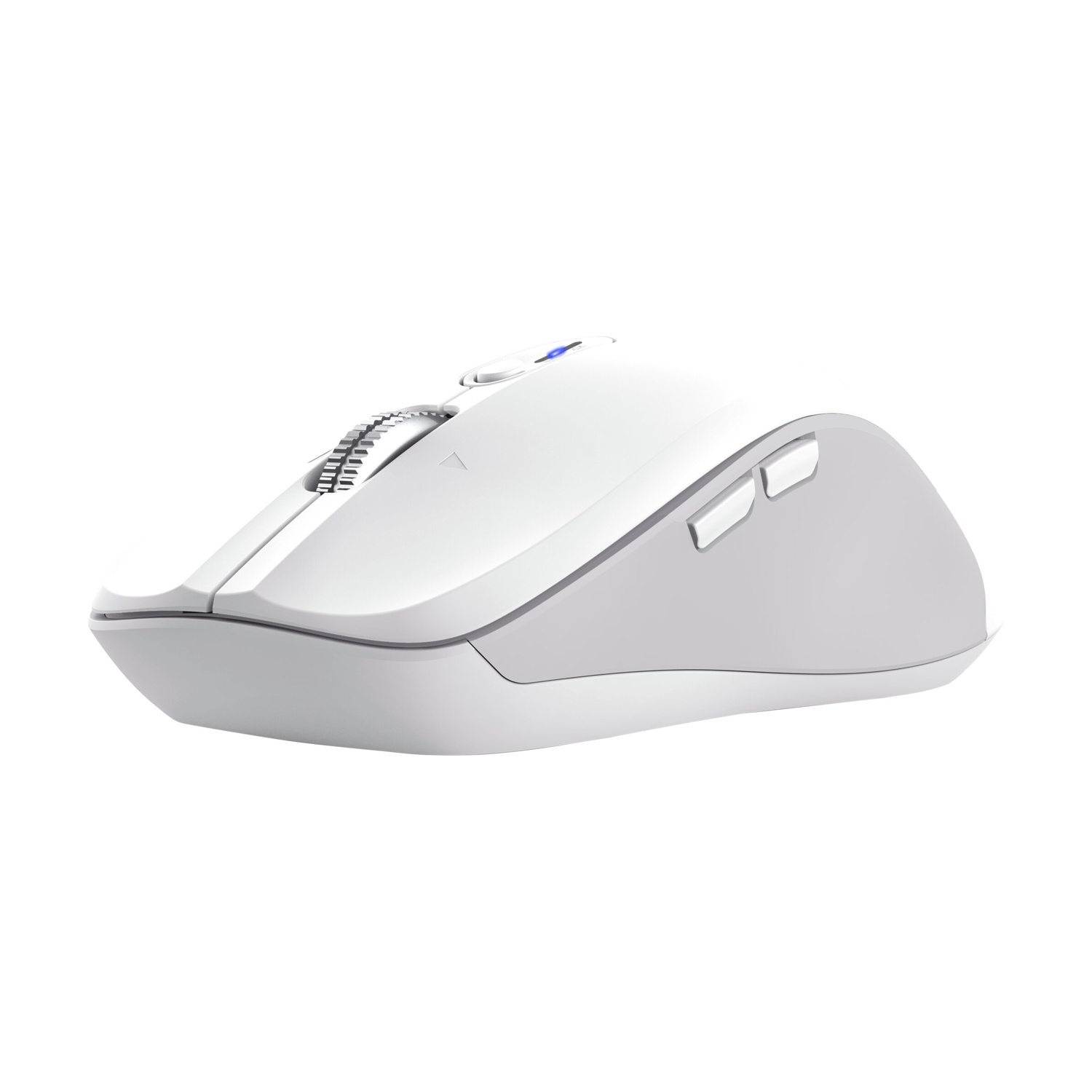 Un mouse bianco per computer con rotellina di scorrimento e due pulsanti laterali.