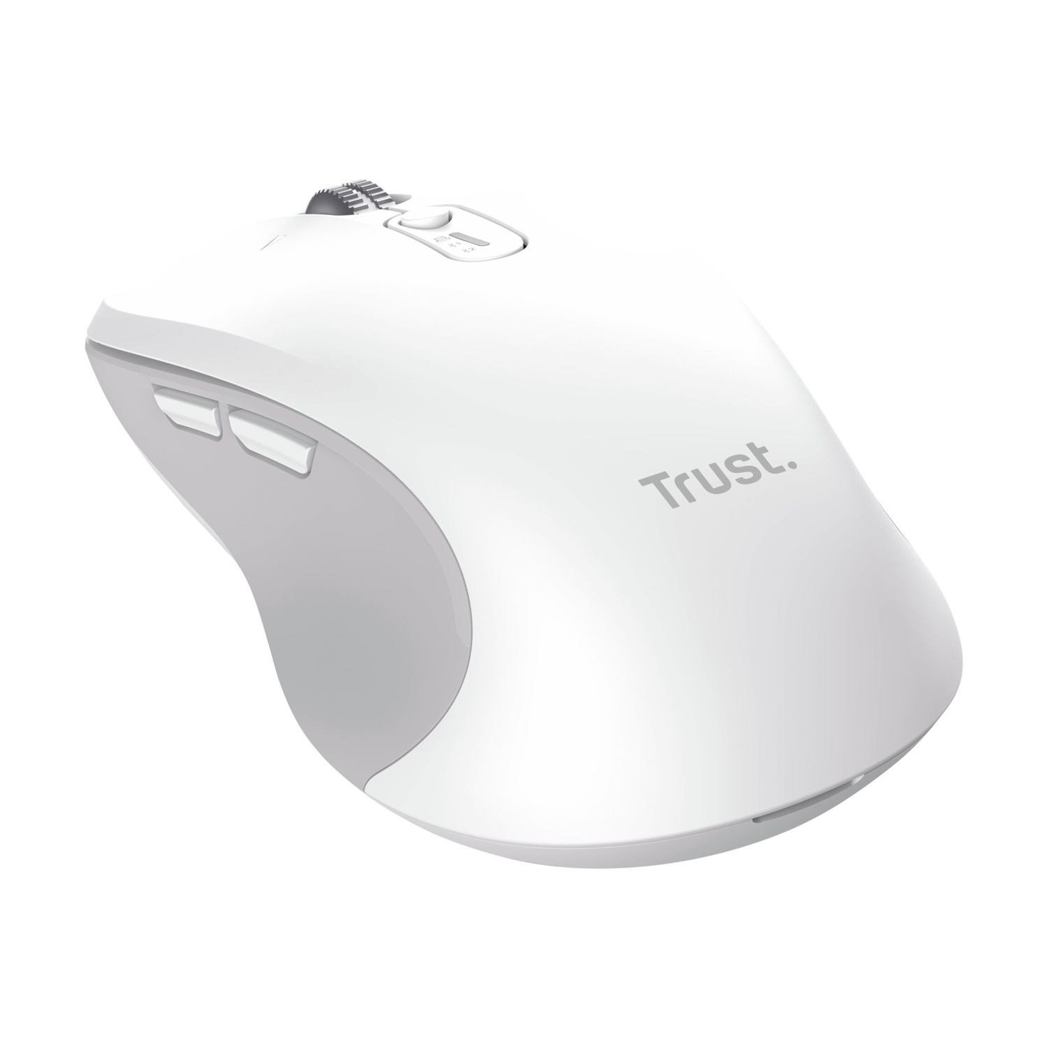 Un mouse bianco Trust con rotellina di scorrimento e due pulsanti laterali.
