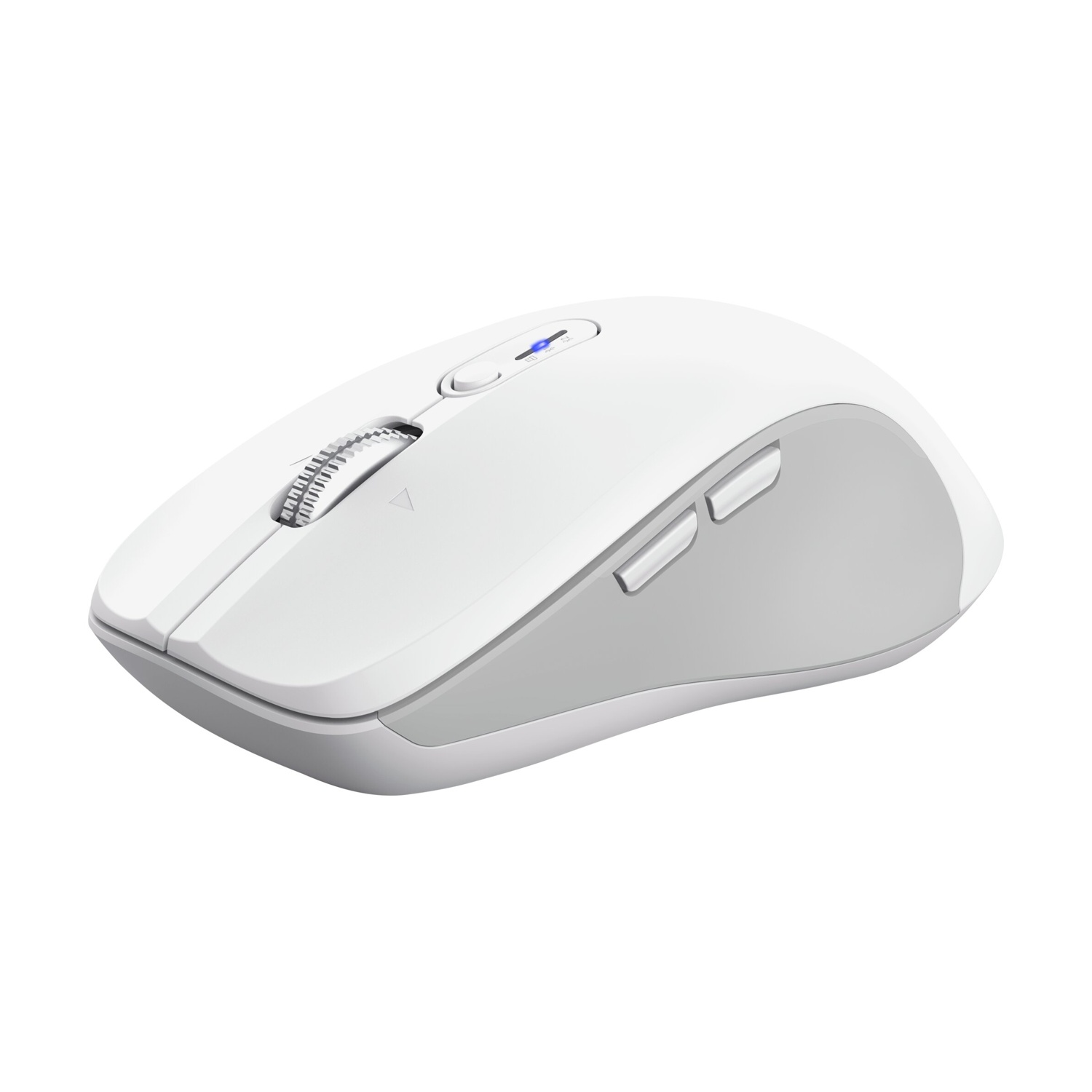 Un mouse bianco con accento grigio e rotellina di scorrimento.