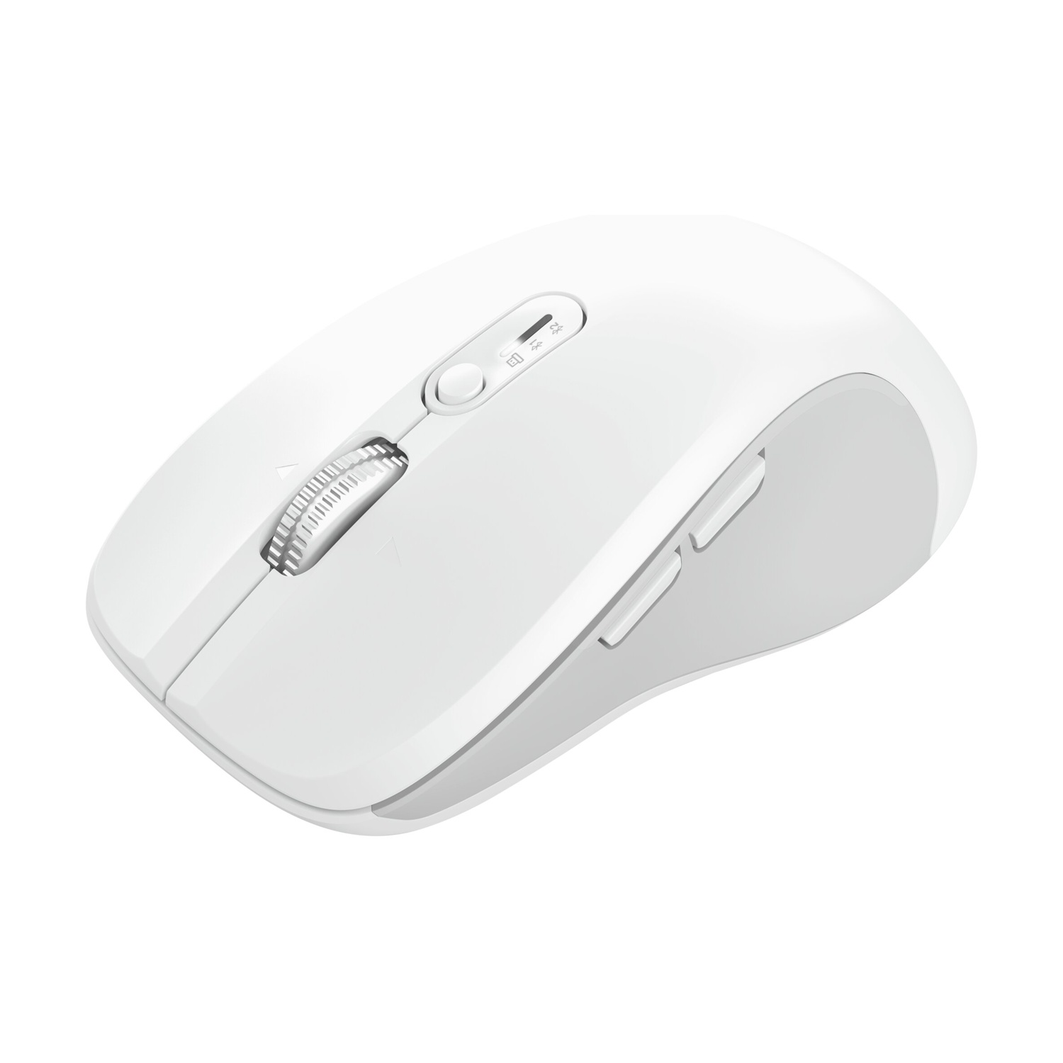 Un mouse wireless bianco per computer con rotellina di scorrimento e due pulsanti.