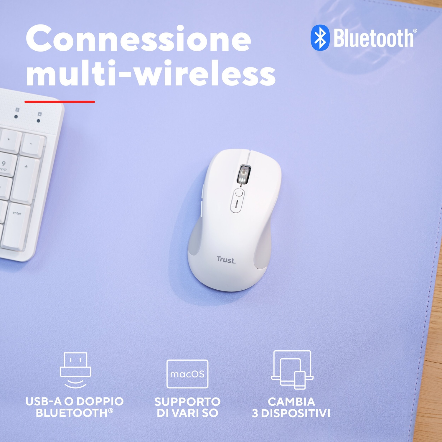 Mouse e tastiera bianchi su tappetino viola con logo Bluetooth.