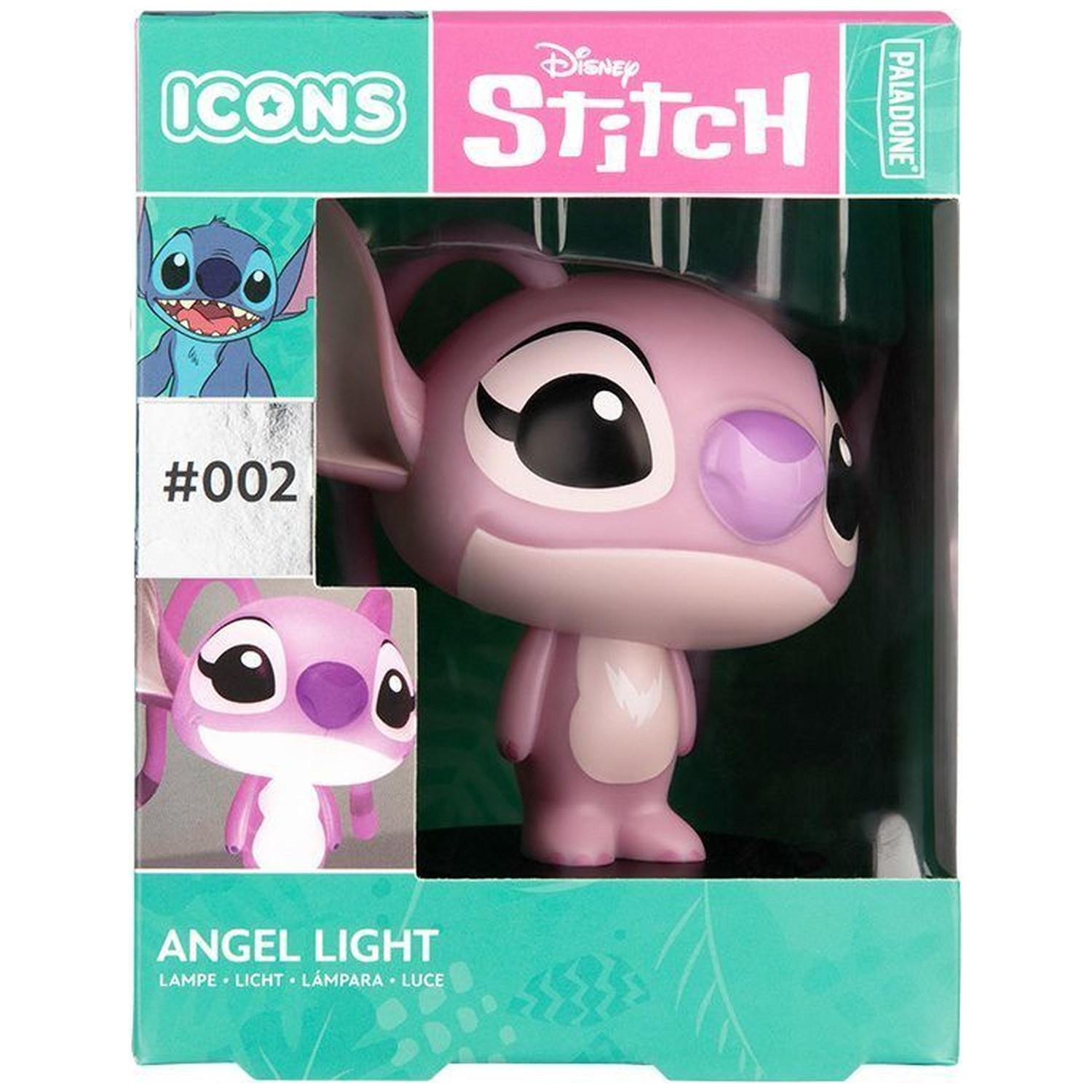 Een paarse Stitch-figuur met grote ogen, verpakt in een "Disney ICONS"-doos.