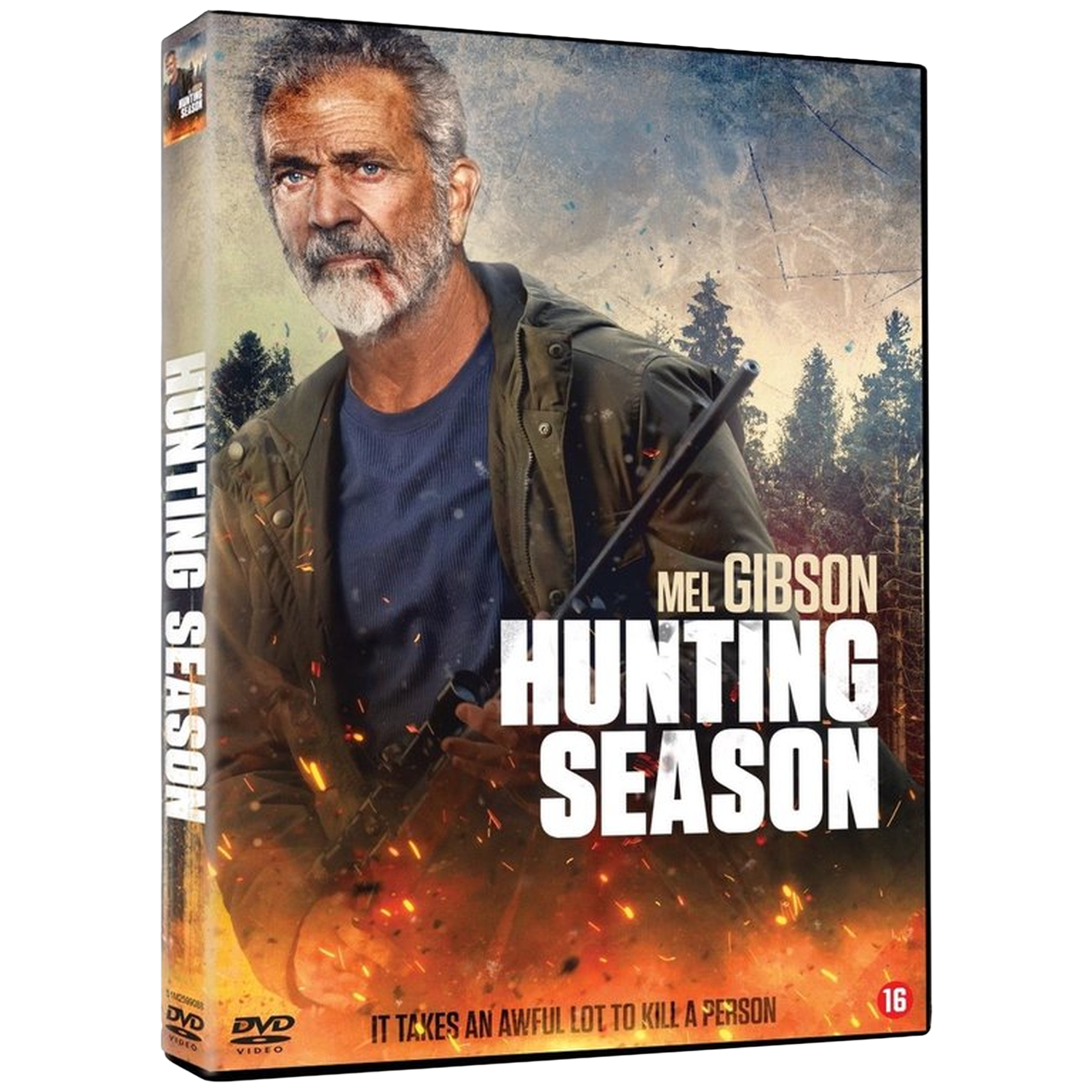 Mel Gibson avec une arme devant des flammes et une forêt, jaquette DVD.