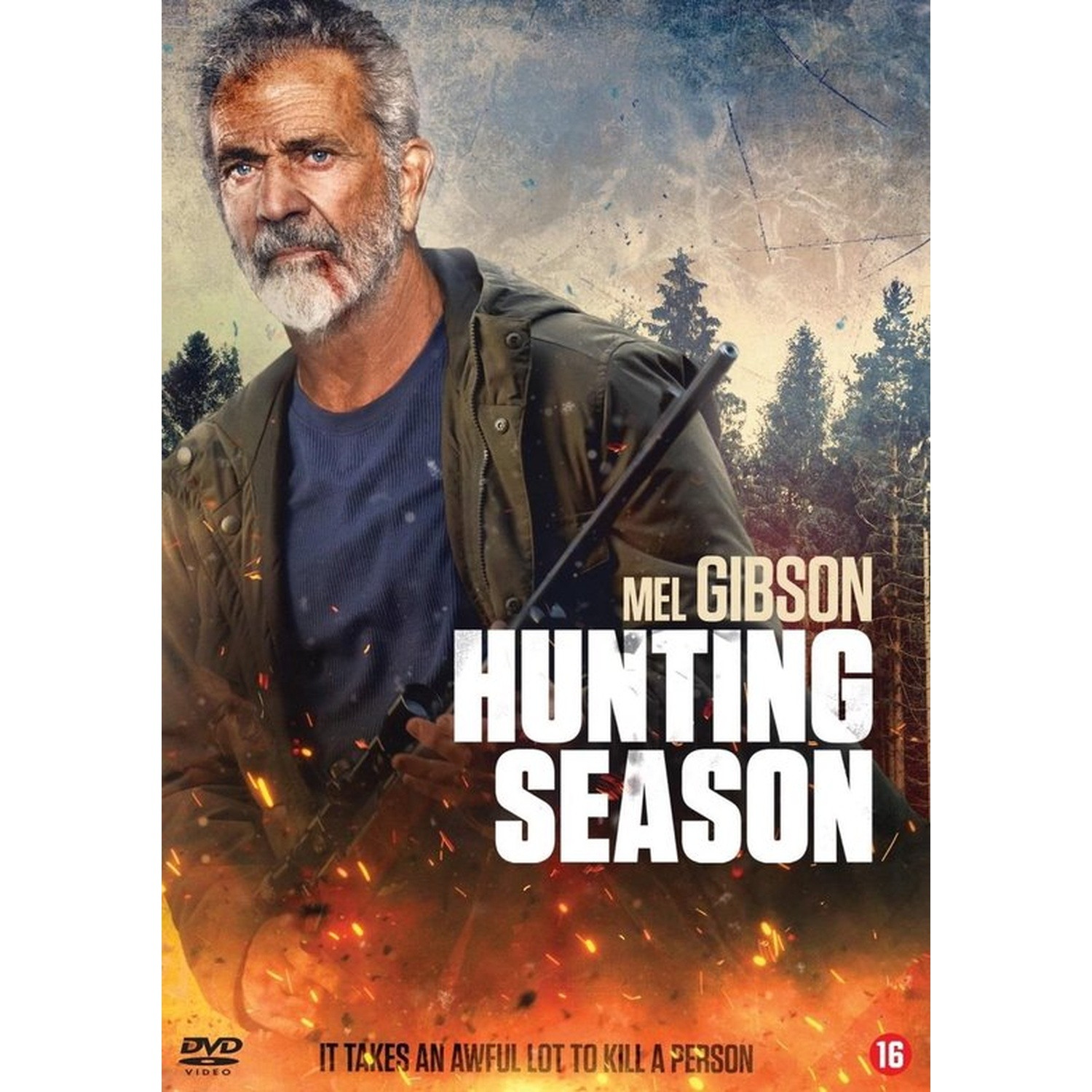 Mel Gibson avec un fusil, forêt menaçante, titre "Hunting Season".