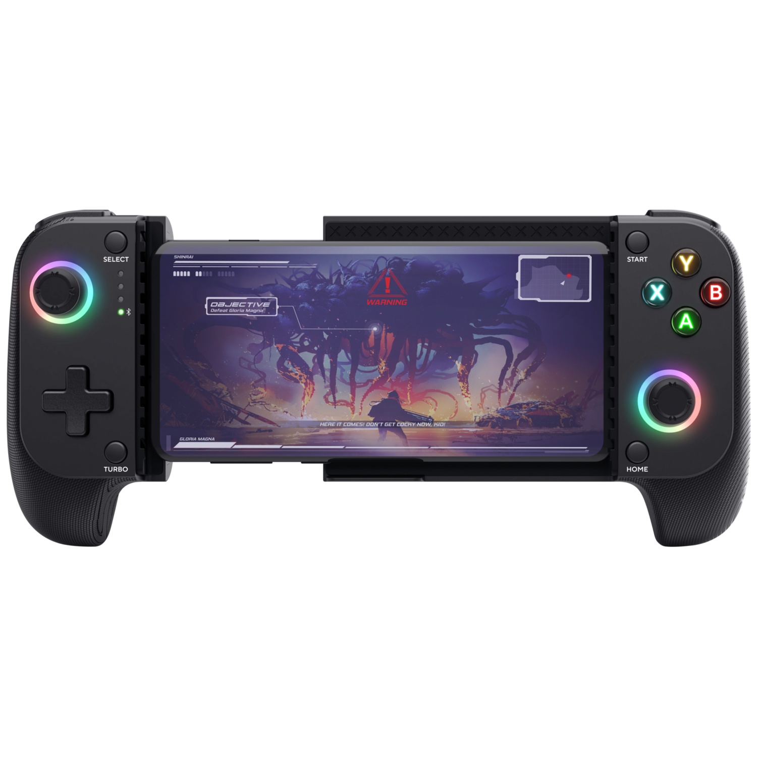 A black gaming controller holds a smartphone displaying a game screen.