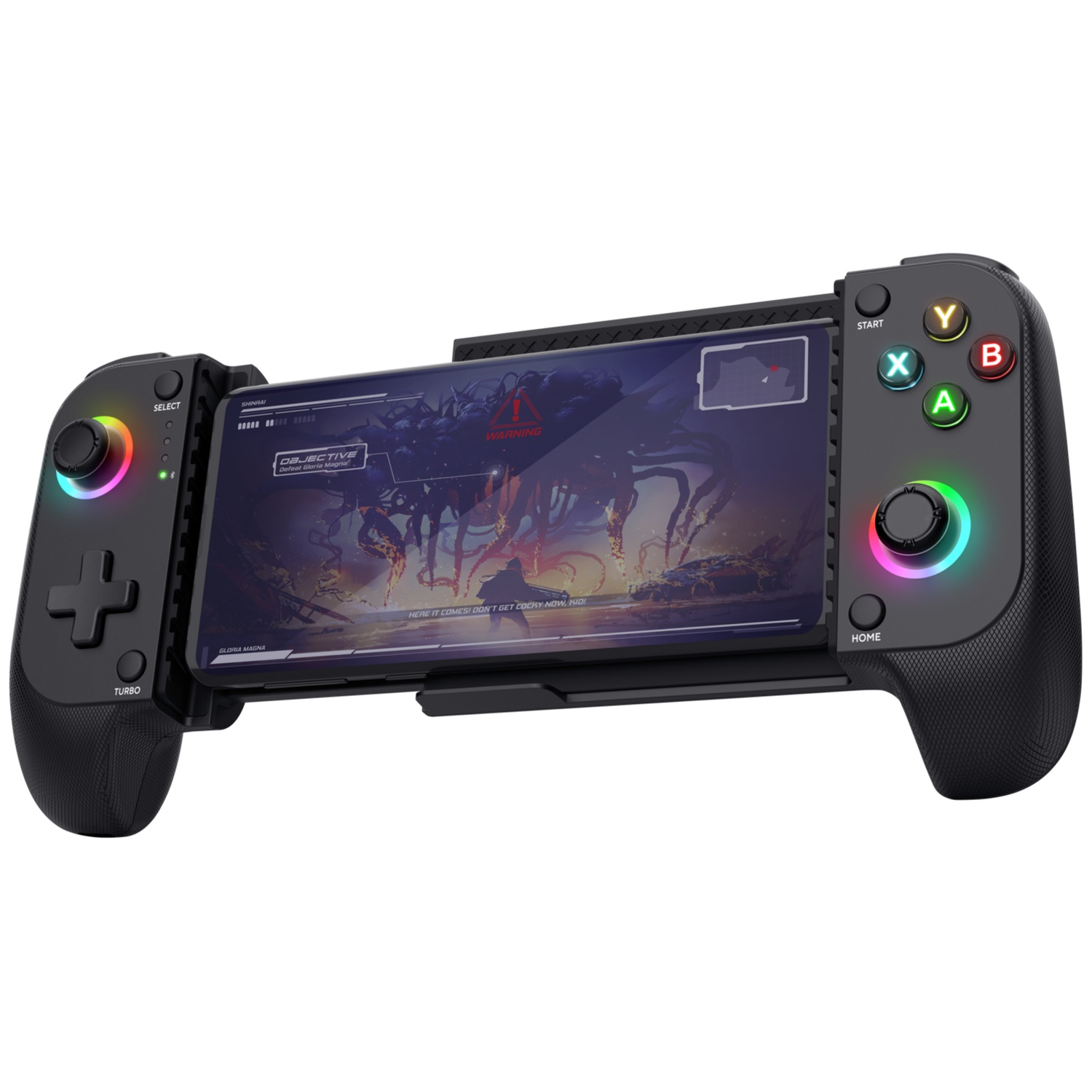 Black gaming controller with phone mount and colorful LED lights.