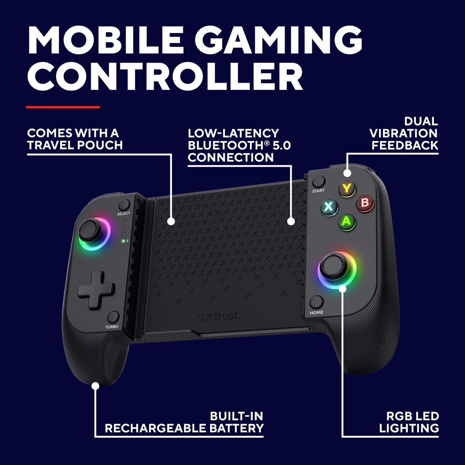 Black mobile gaming controller with RGB lighting, dual joysticks, and buttons.