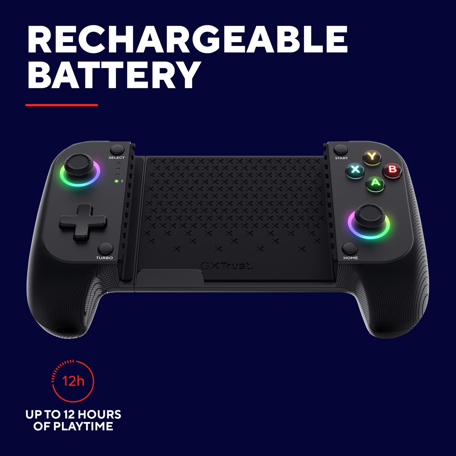 Black gaming controller with colorful buttons and 12h playtime indicator.