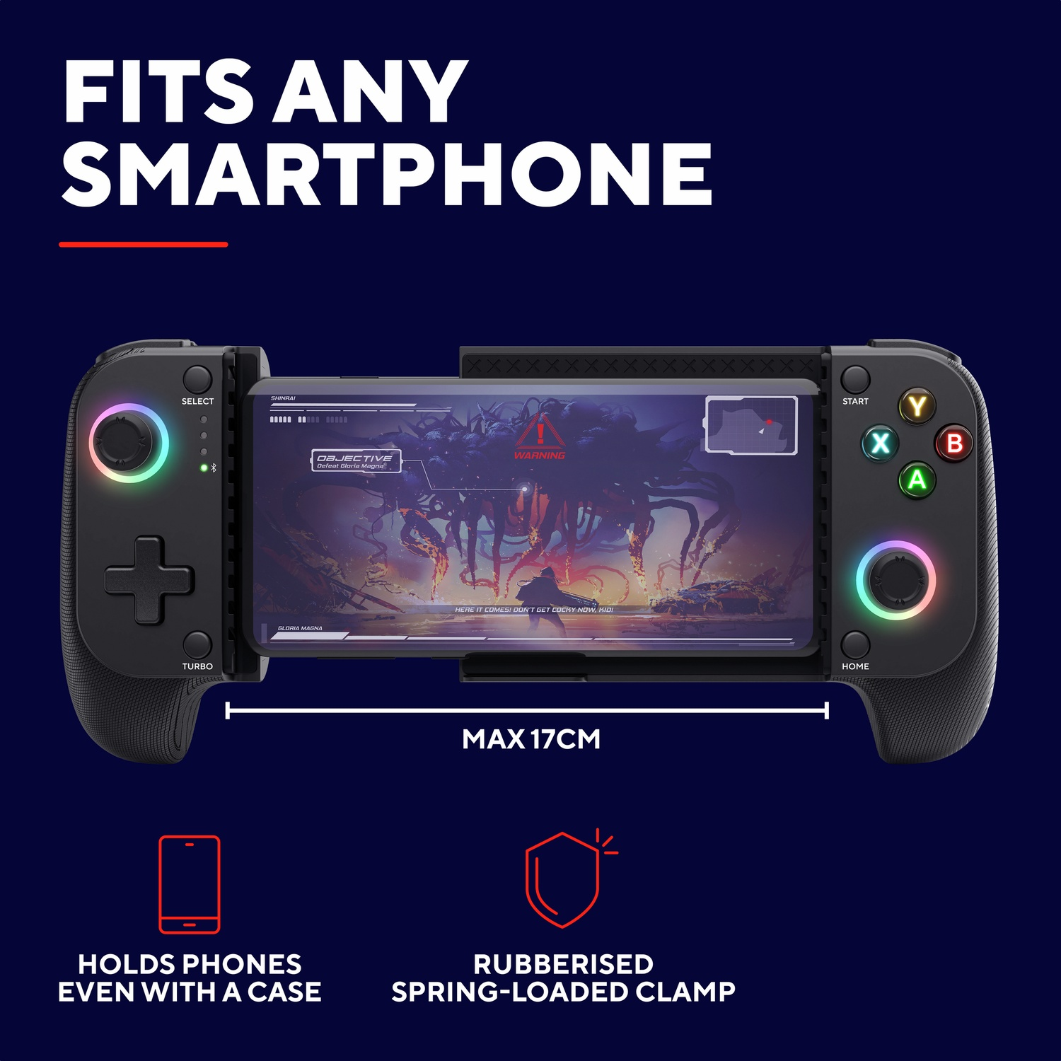 A smartphone controller with game screen, fits up to 17cm.