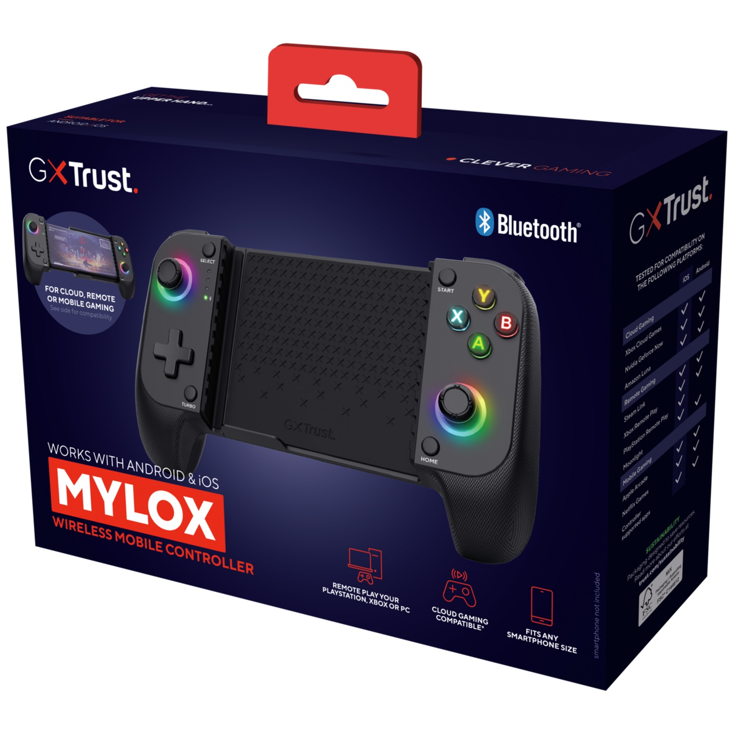 Box for a black GX Trust MYLOX Wireless Mobile Controller with colorful LED lights.