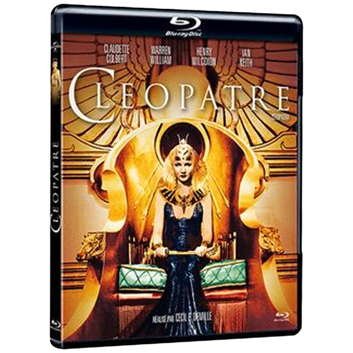 Couverture Blu-ray de Cléopâtre avec une femme dans une salle du trône dorée.