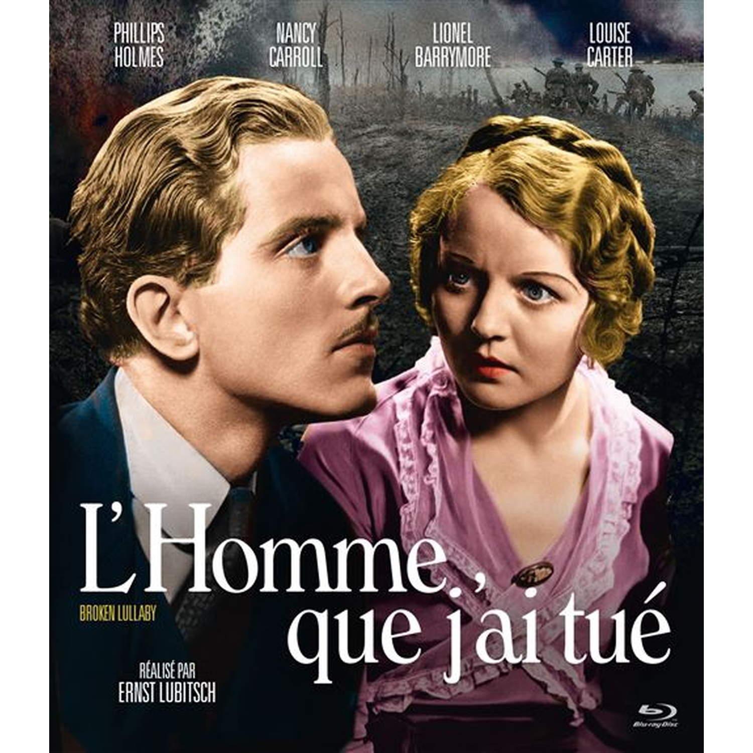 Un homme et une femme sérieux. Soldats en guerre à l'arrière-plan. Titre: L'Homme, que j'ai tué.