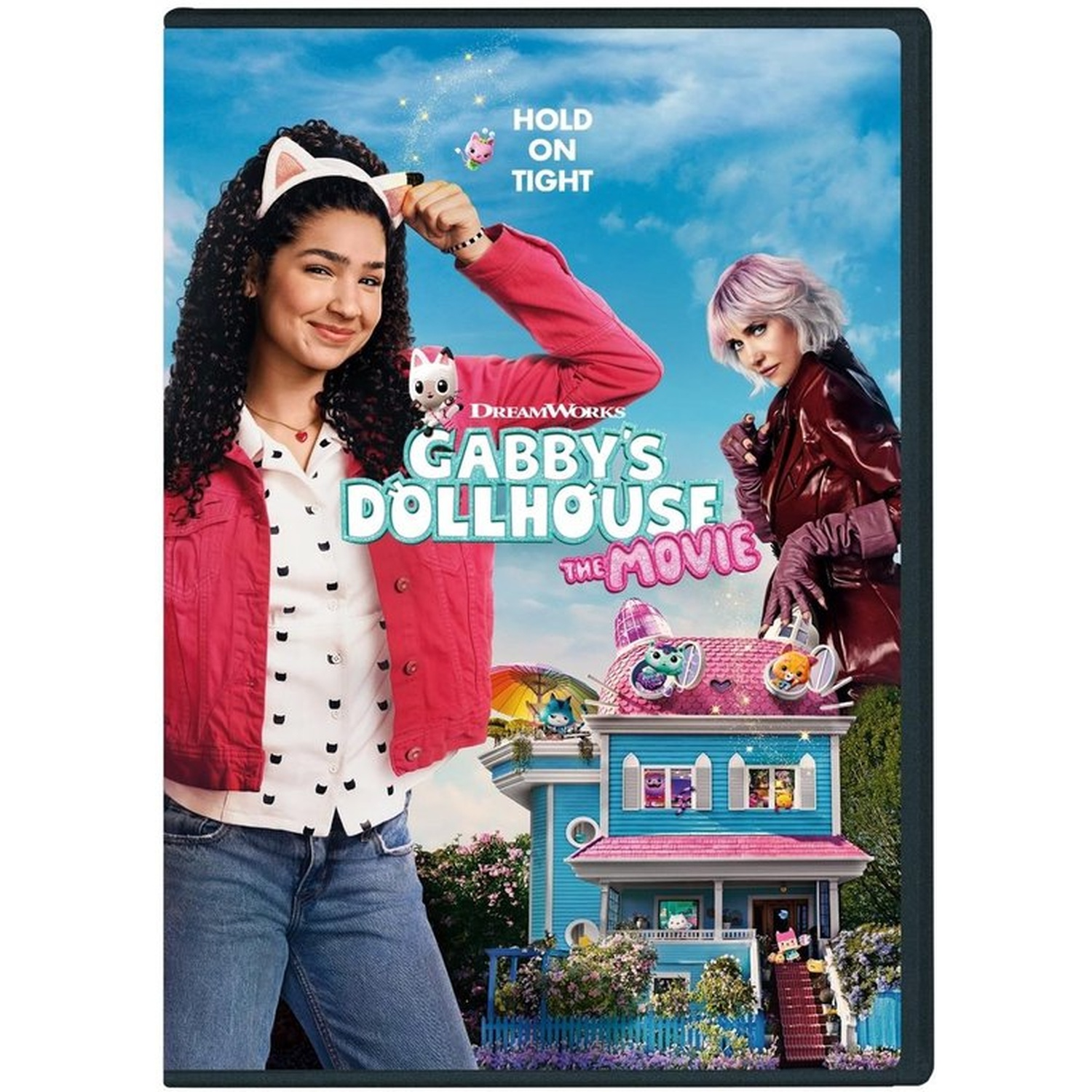 Couverture DVD Gabby's Dollhouse The Movie : une fille avec des oreilles de chat, une maison de poupée et une autre femme.