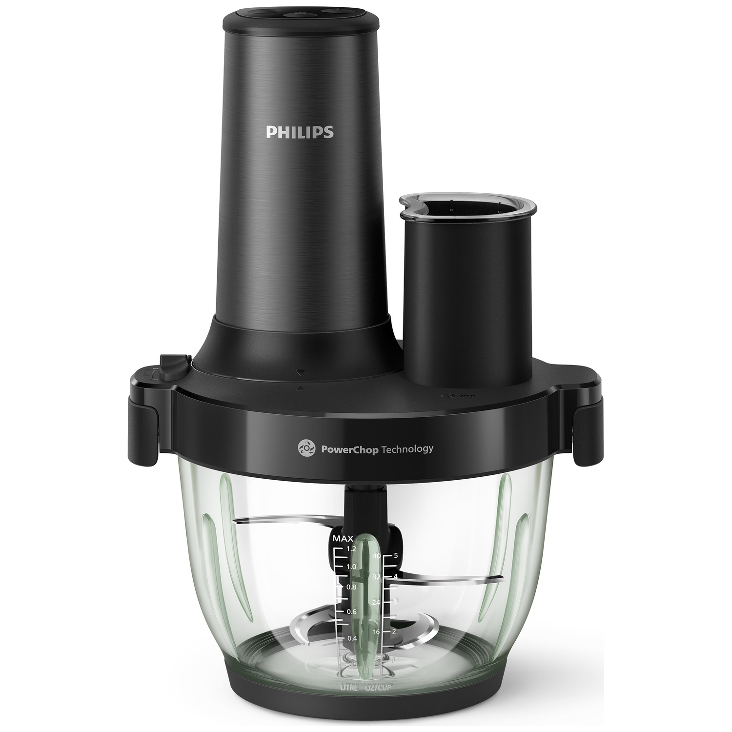 Robot culinaire Philips noir avec bol en verre et double lame.