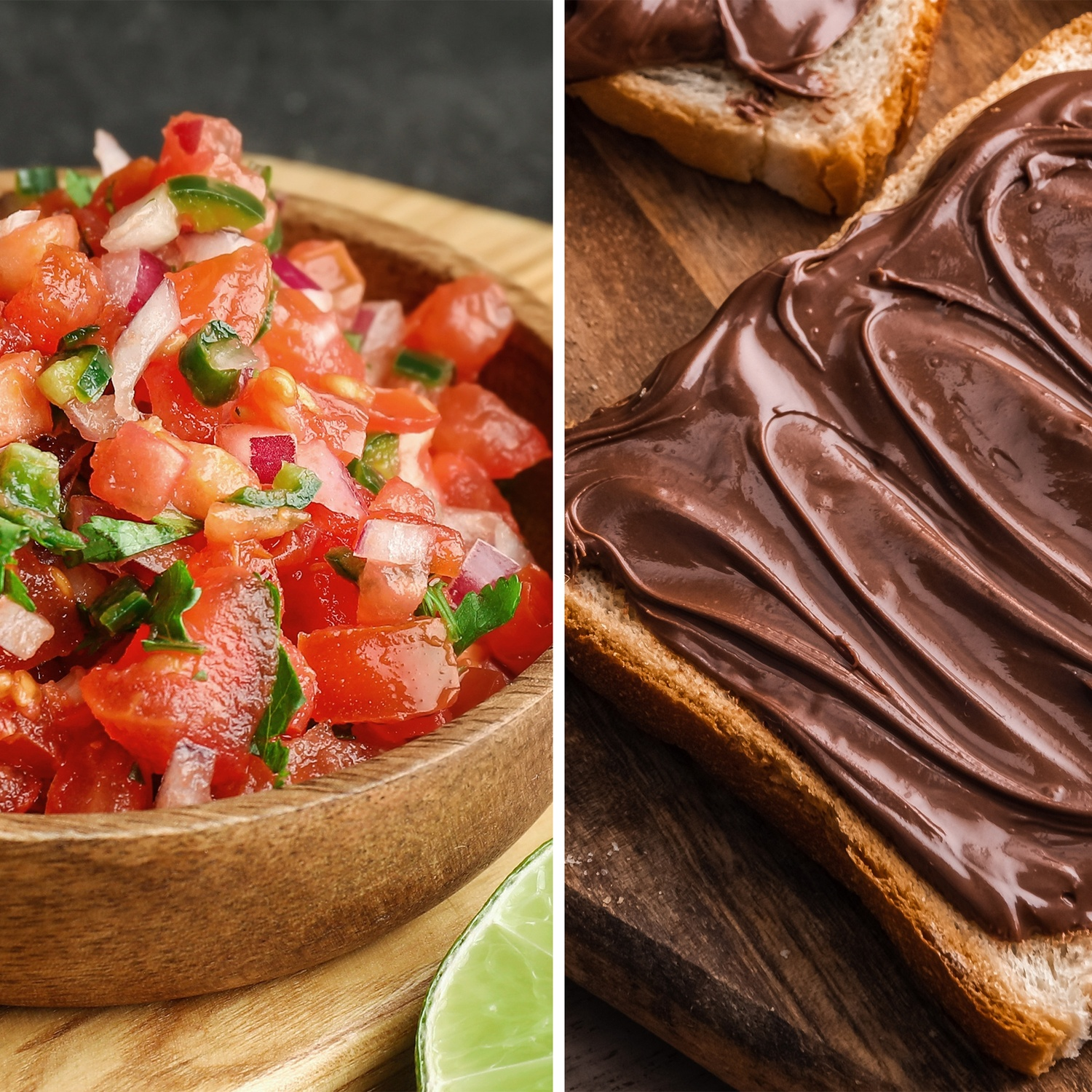 Tomates en dés, oignons, coriandre et piments jalapeños dans un bol et tartinade au chocolat sur toast.