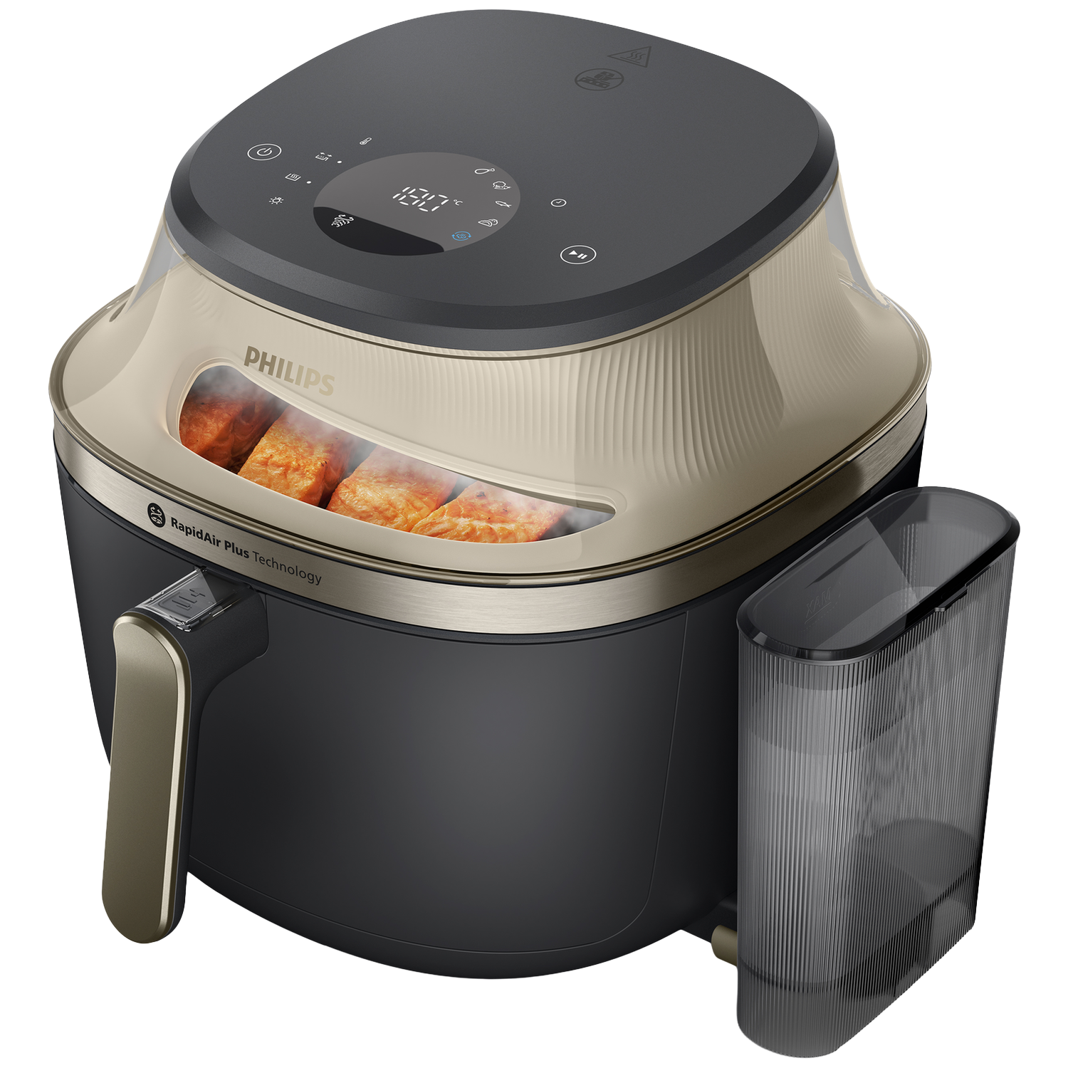 Une friteuse à air noire avec des accents dorés, montrant des aliments en cuisson.