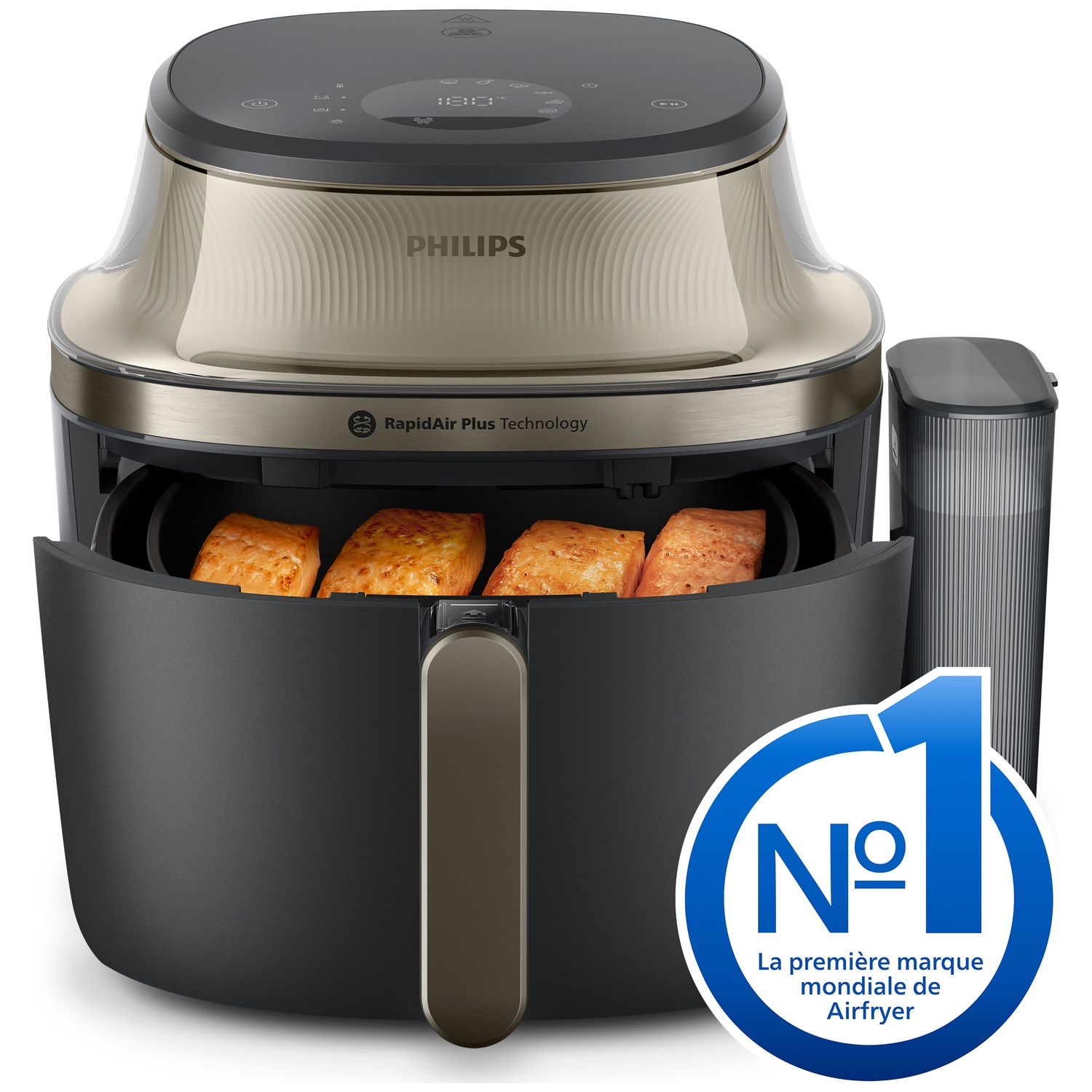 Une friteuse à air Philips avec quatre morceaux de saumon dans le panier.
