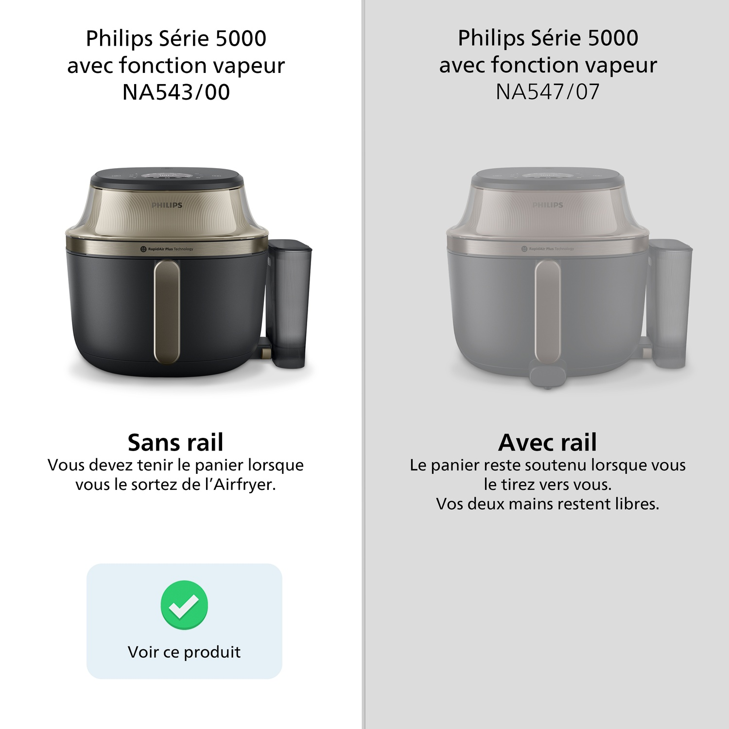 Deux Philips Airfryer : un sans et un avec rails de tiroir.