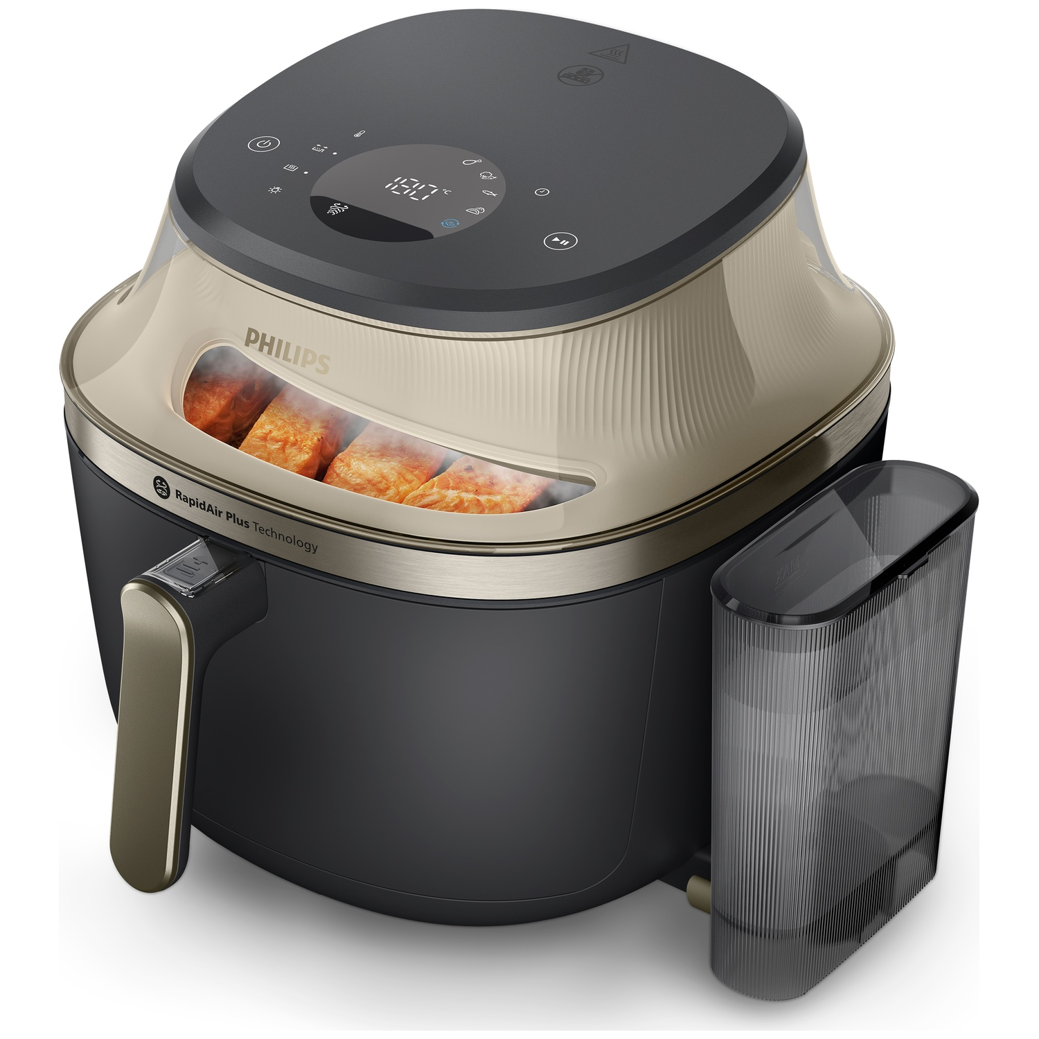 Philips Airfryer met zichtbare kookruimte, gouden rand en digitaal display.