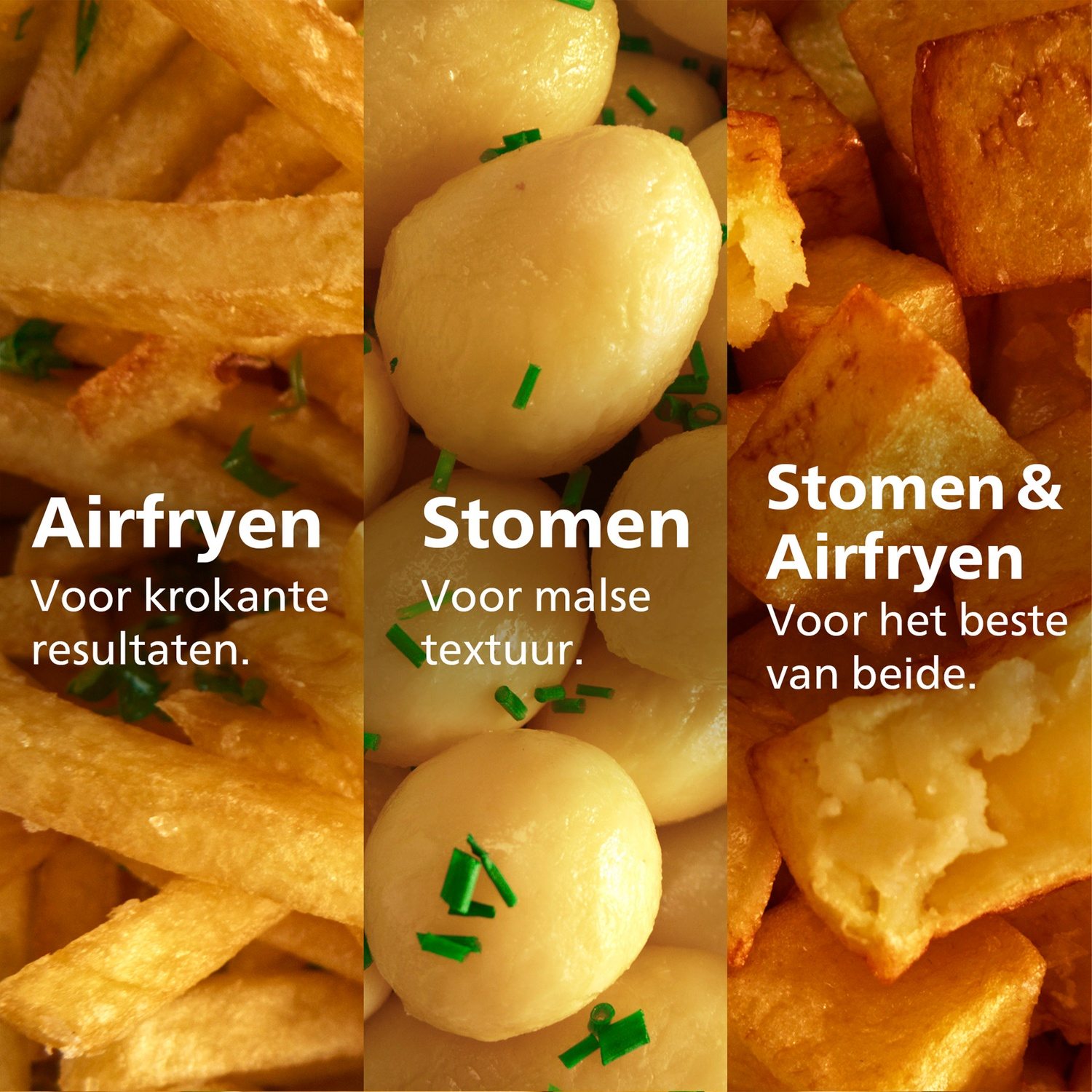 Drie aardappelbereidingen: friet, gestoomde aardappelen en een mix.