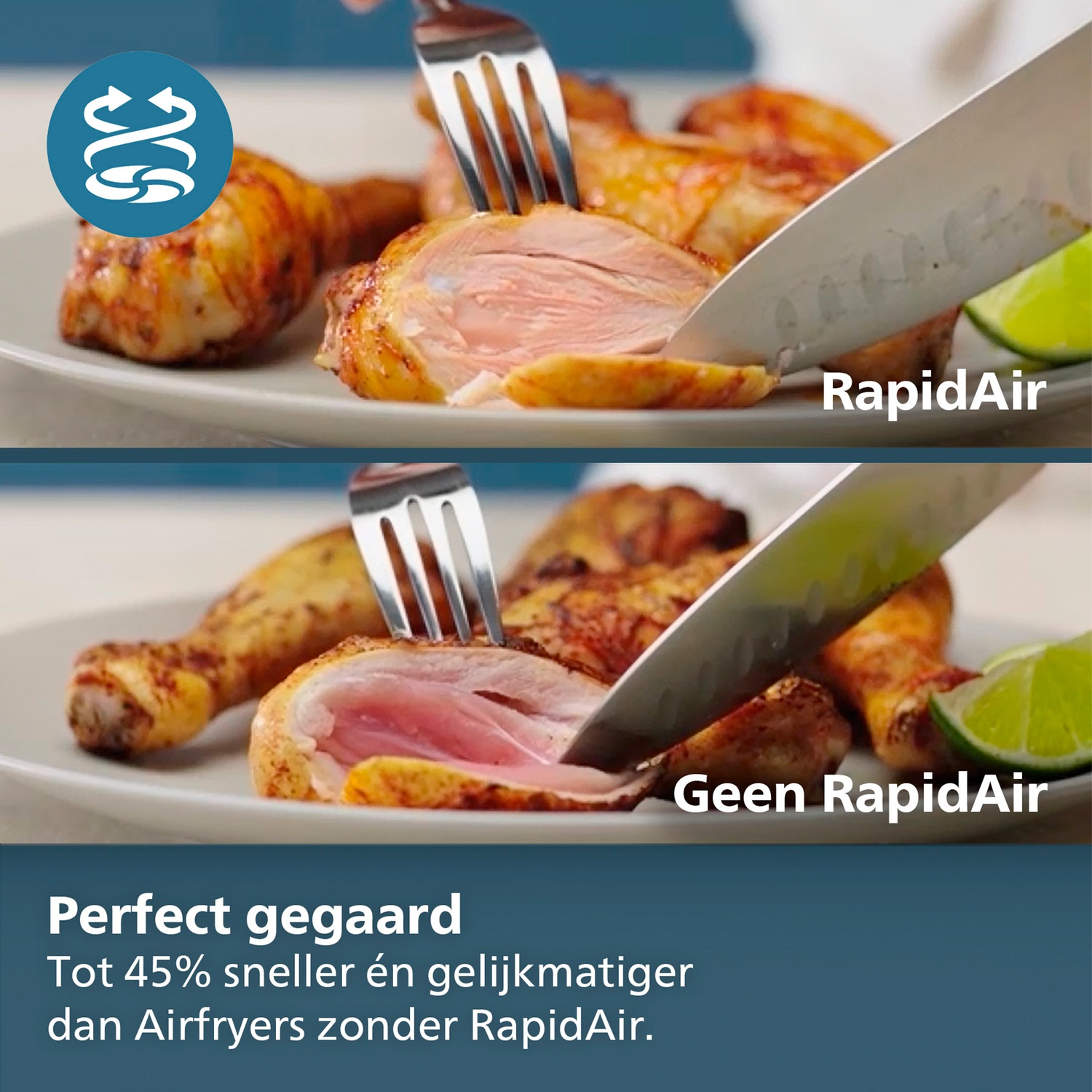 Twee beelden van kippenonderdelen, één met RapidAir logo, de andere zonder.