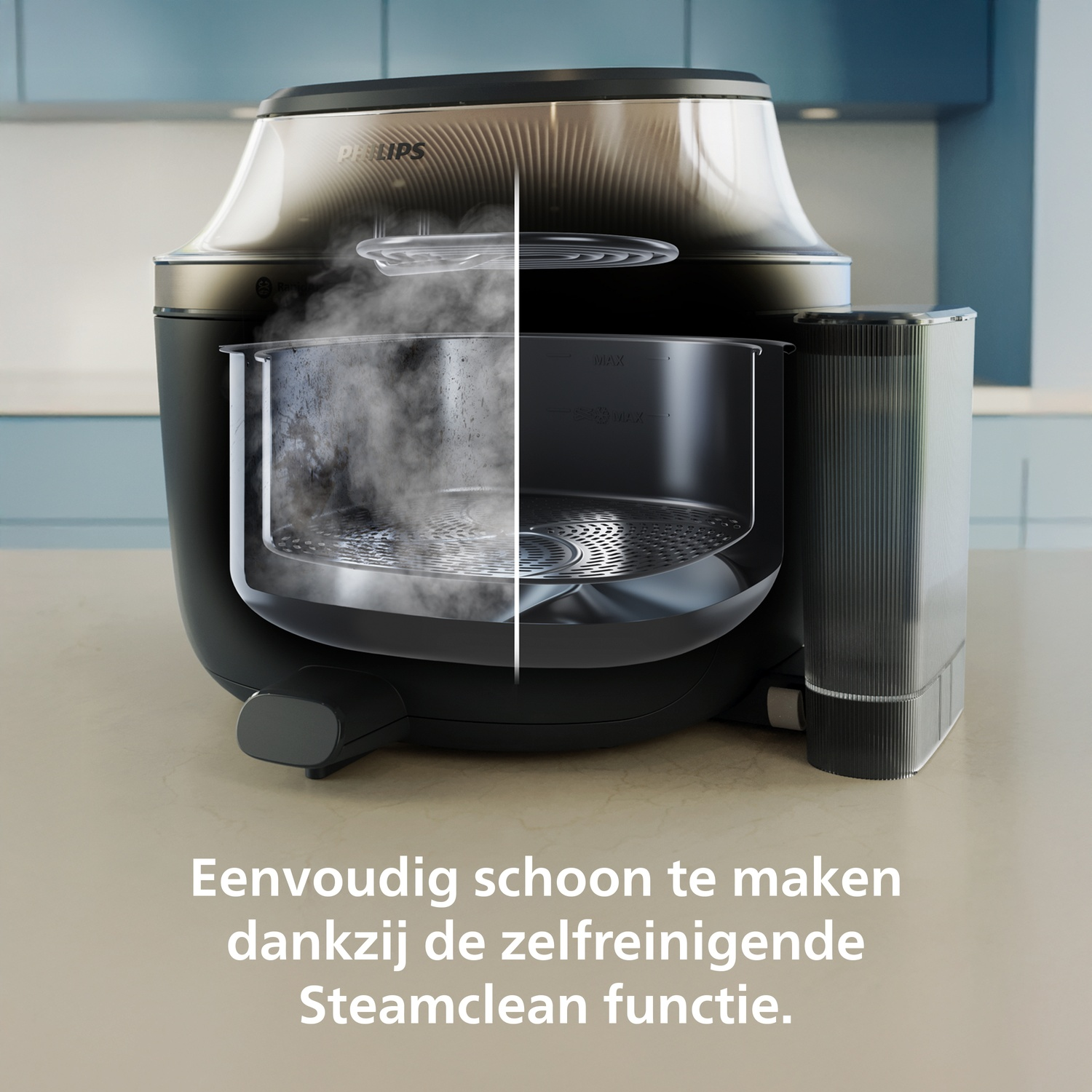 Een Philips multicooker met stoom en zelfreinigende functie.