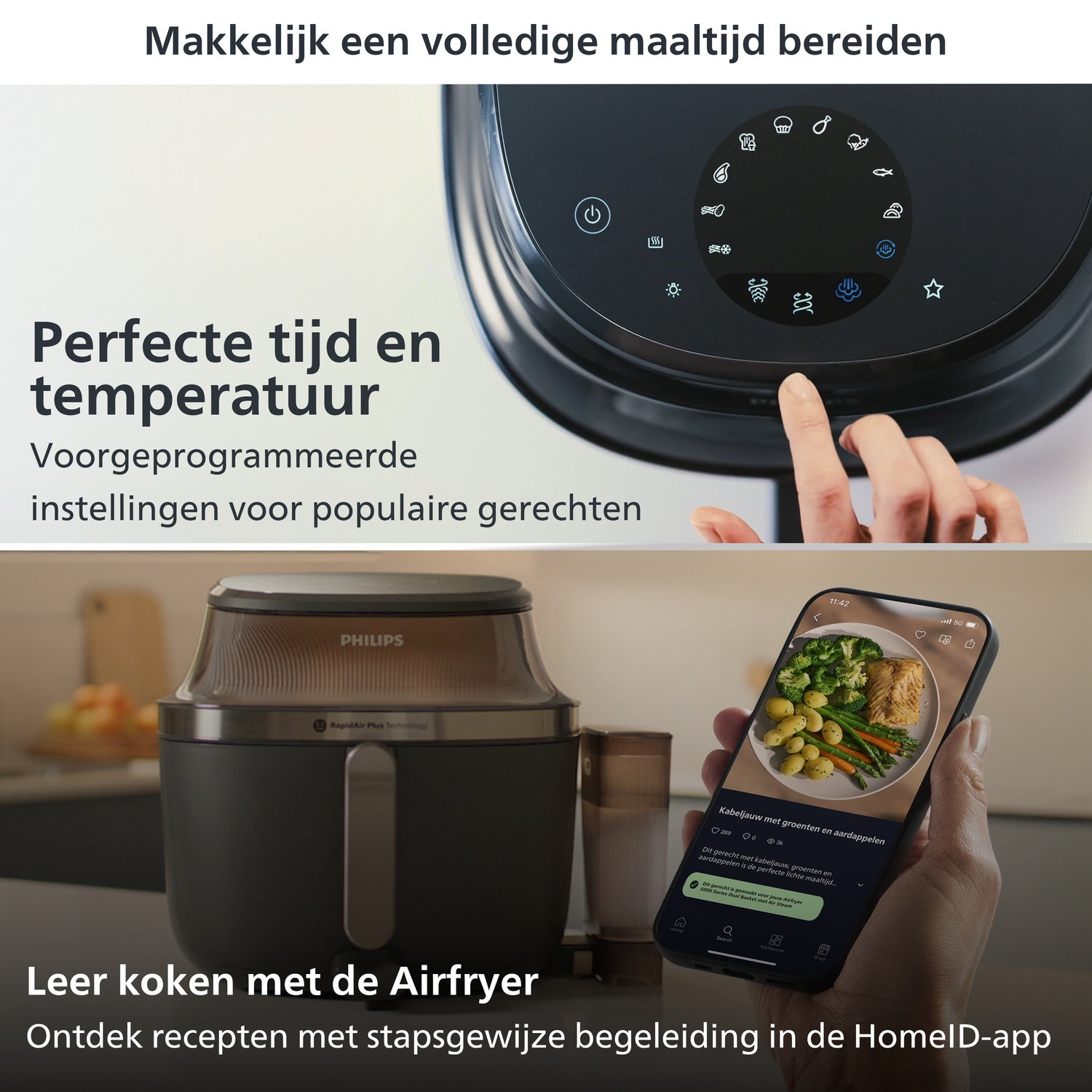 Een Airfryer met touchscreen en hand met recept op smartphone.