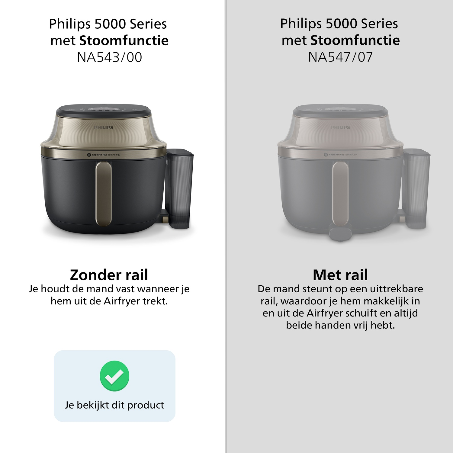 Twee Philips Airfryers, één met en één zonder uittrekbare rail.