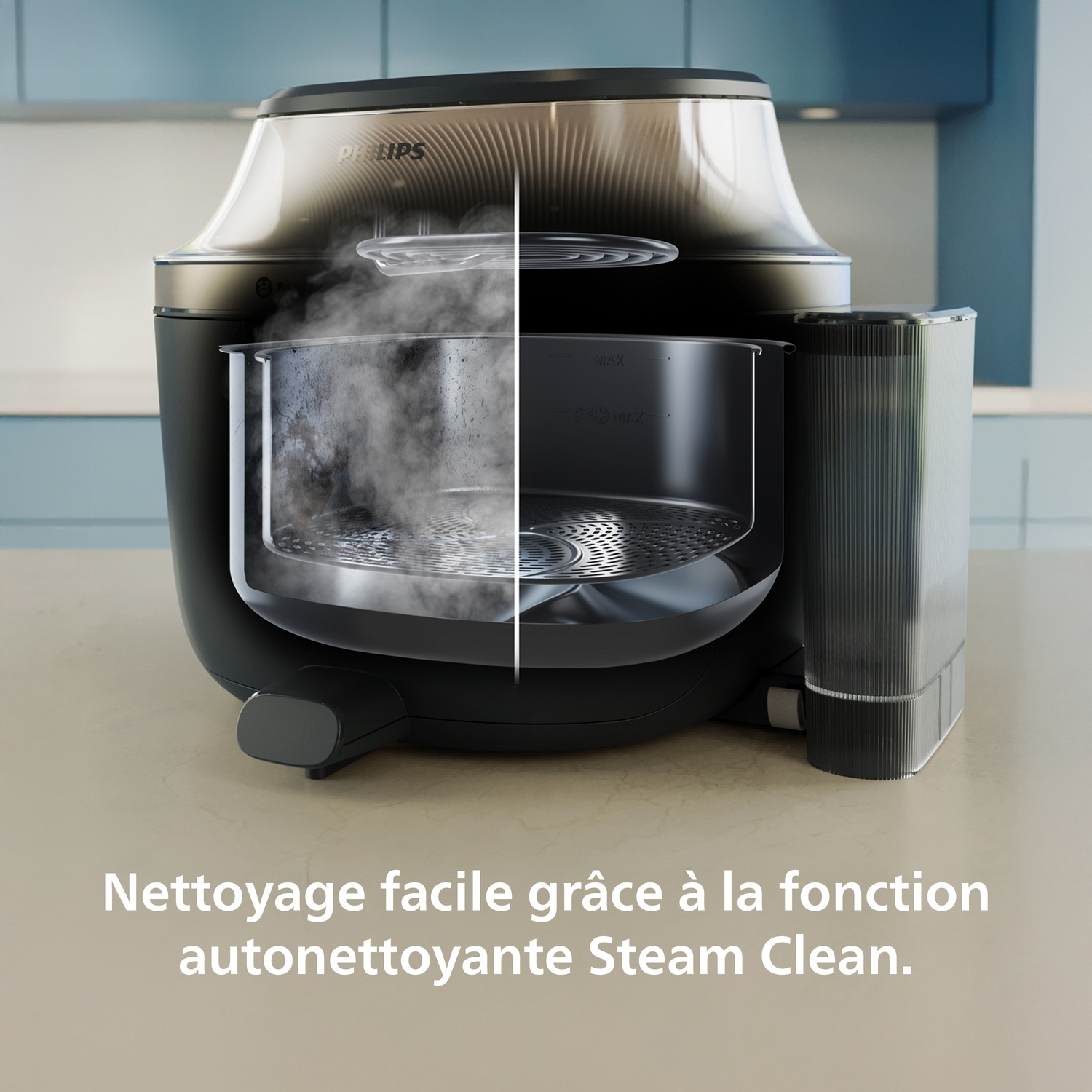 Cuiseur vapeur Philips avec fonction Steam Clean pour un nettoyage facile.
