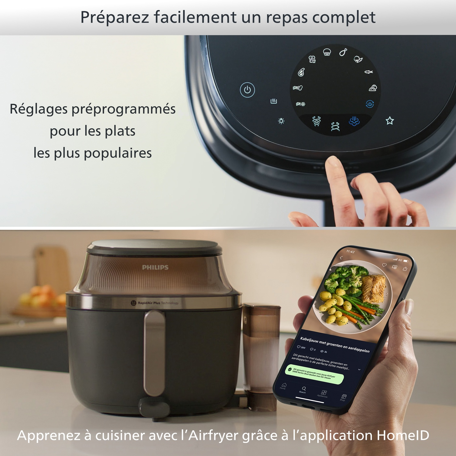 Une friteuse à air avec écran tactile et une main tenant une recette sur un téléphone.