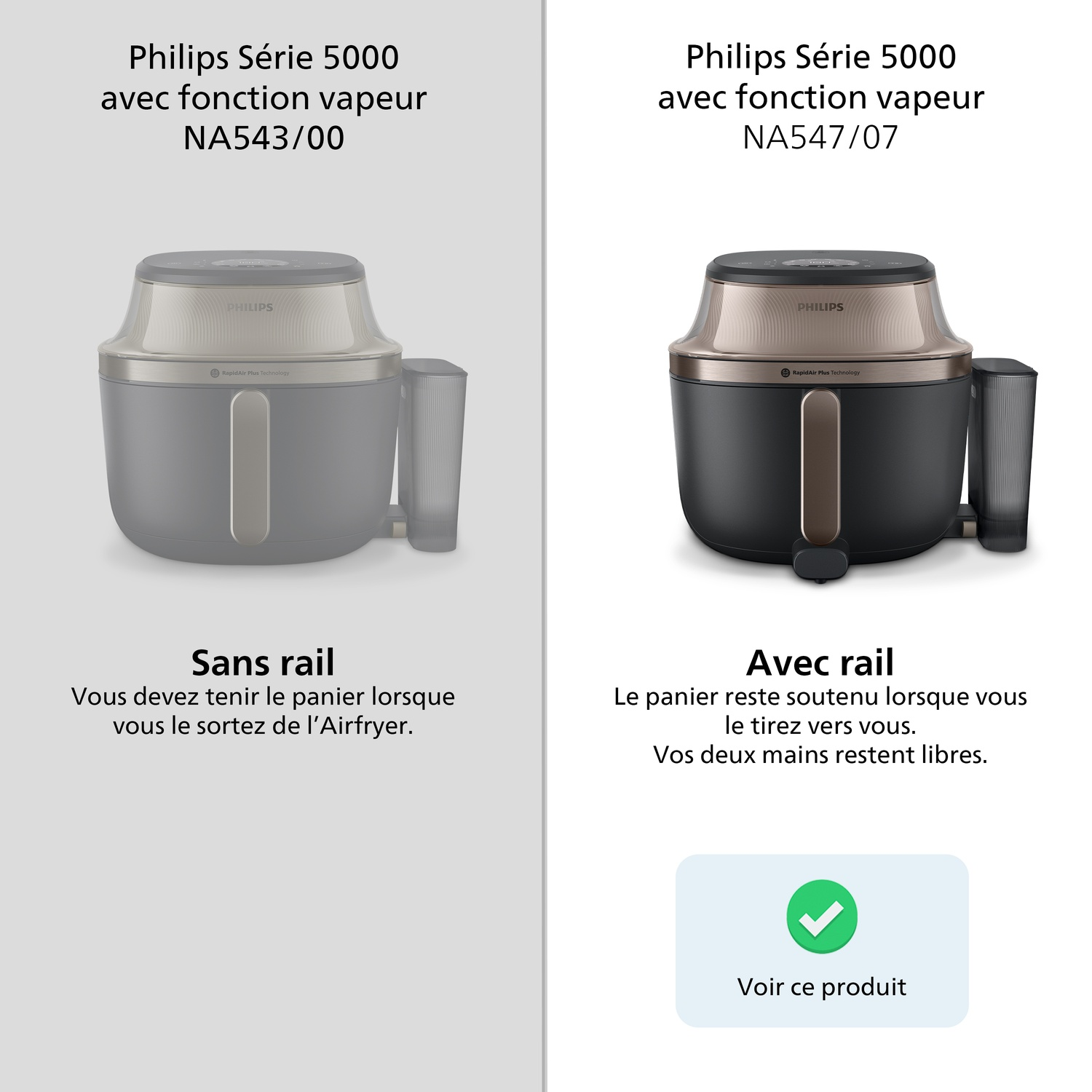 Deux modèles de Philips Airfryer comparés : un sans rail, un avec rail.