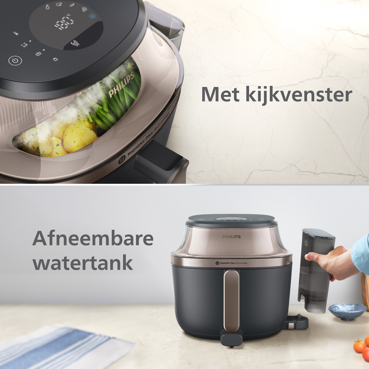 Air fryer with see-through window showing food. Another view shows removable water tank.