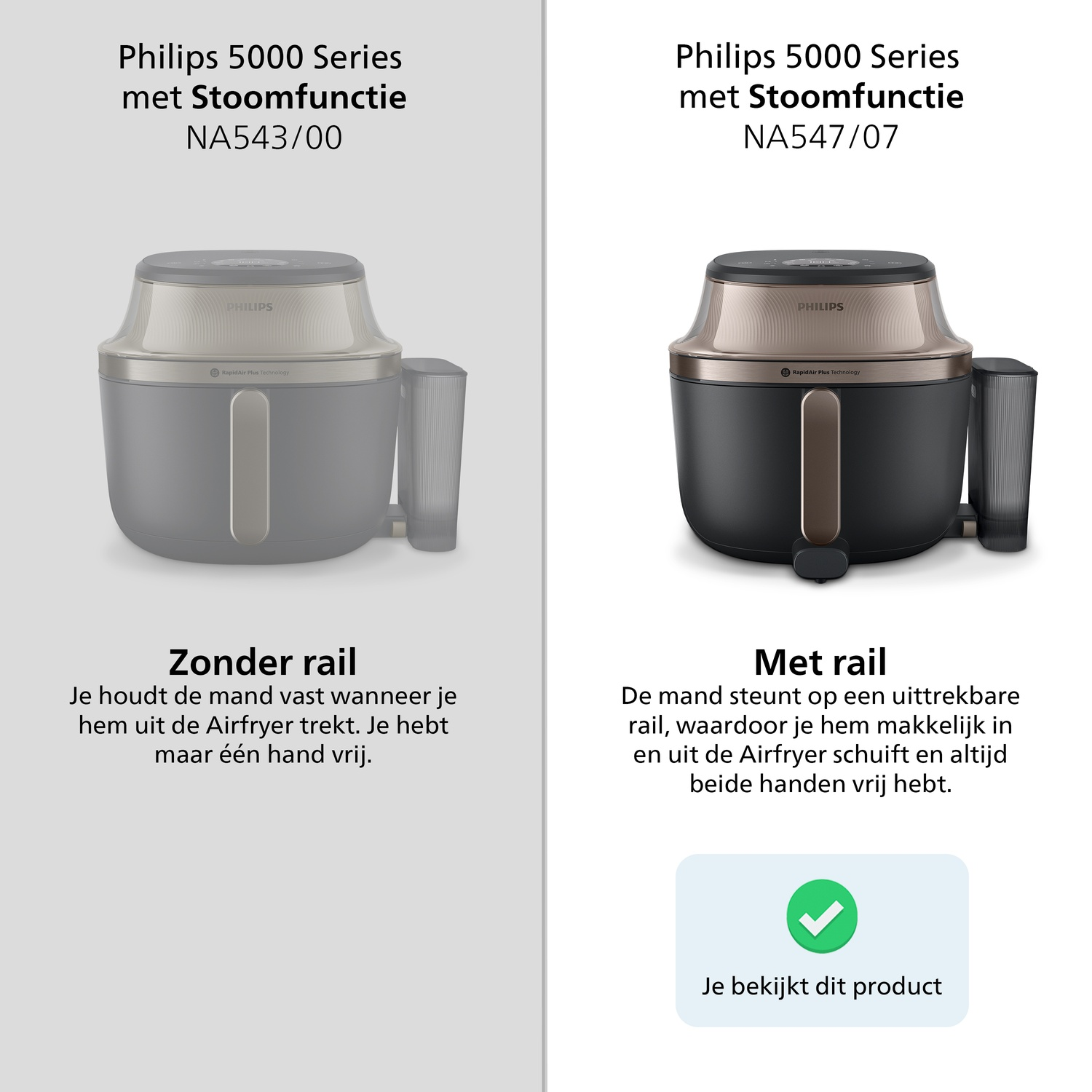 Two Philips Airfryer models: one without and one with a pull-out rail.