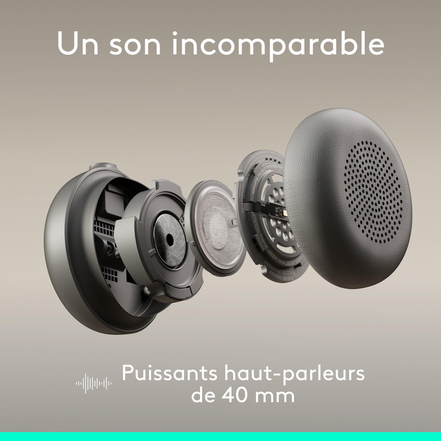 Vue éclatée d'un casque montrant les haut-parleurs de 40 mm et le texte « Son incomparable ».