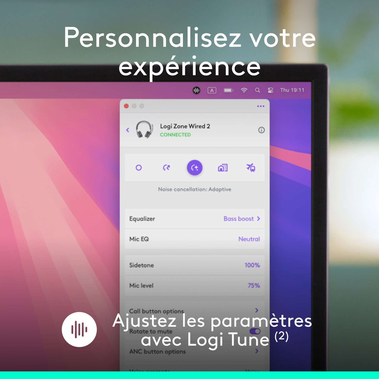 Écran d'ordinateur portable affiche l'application Logi Tune avec réglages casque.