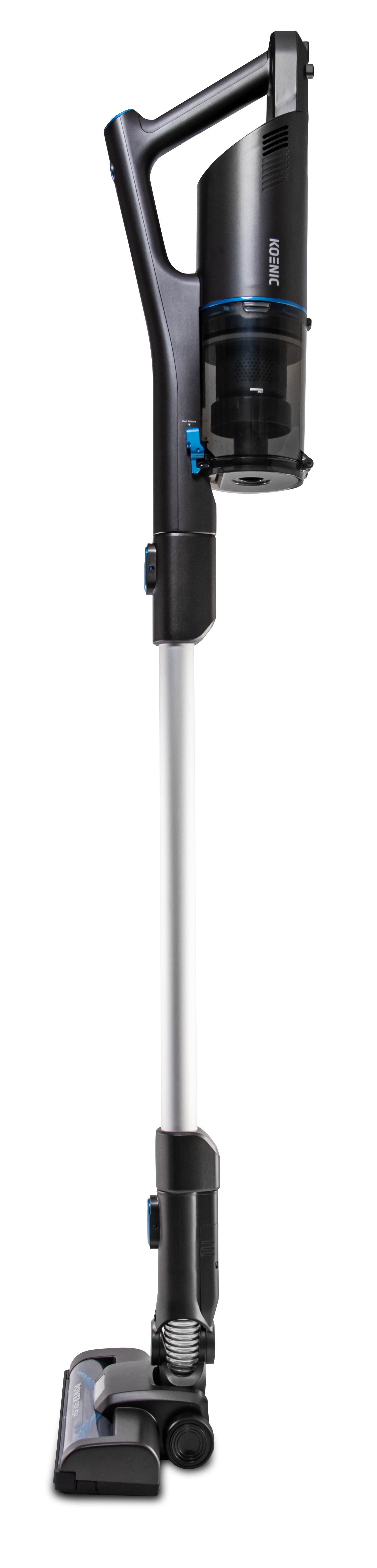 Czarny odkurzacz bezprzewodowy z niebieskim akcentem na czarnym tle.