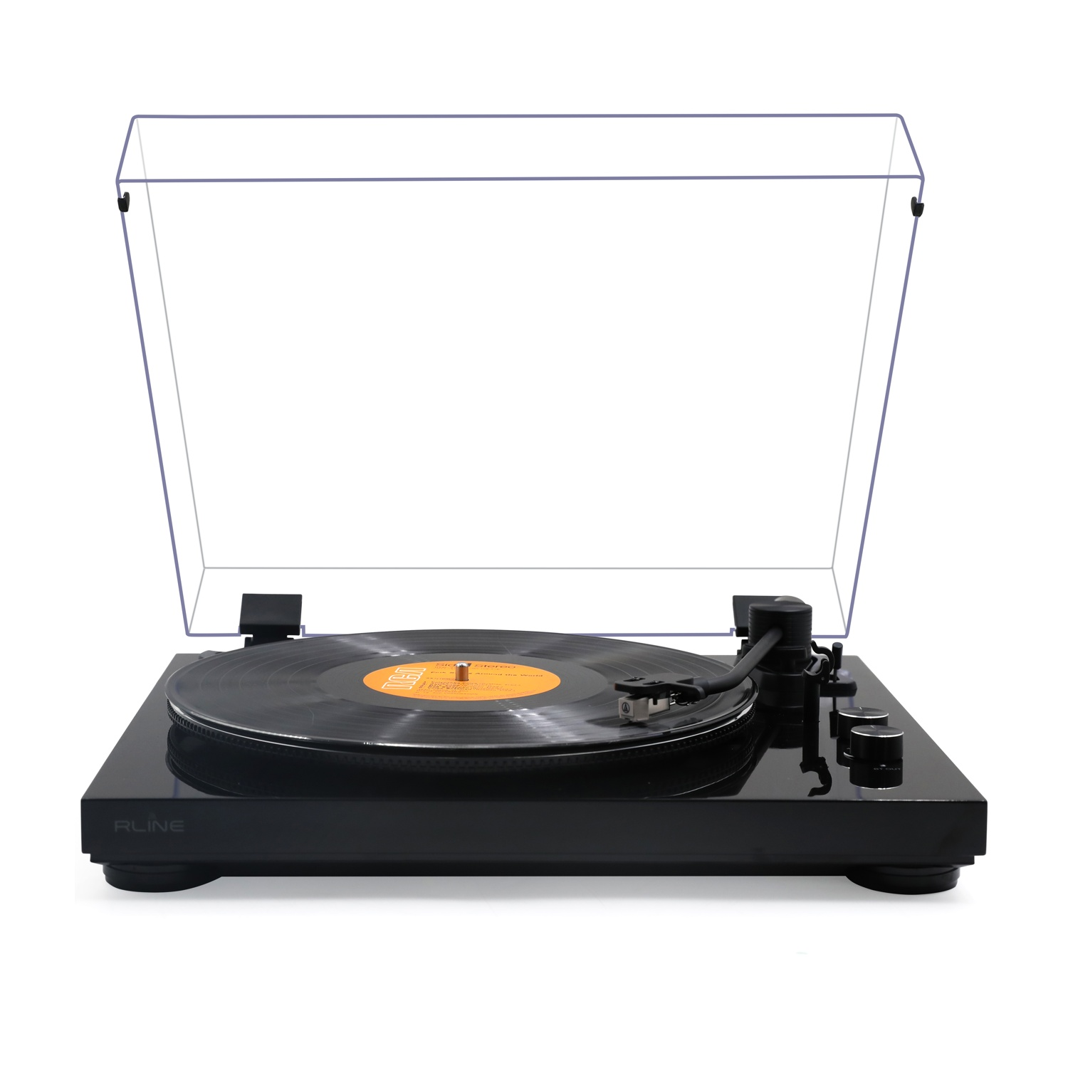 Giradischi nero con disco in vinile e coperchio trasparente aperto.