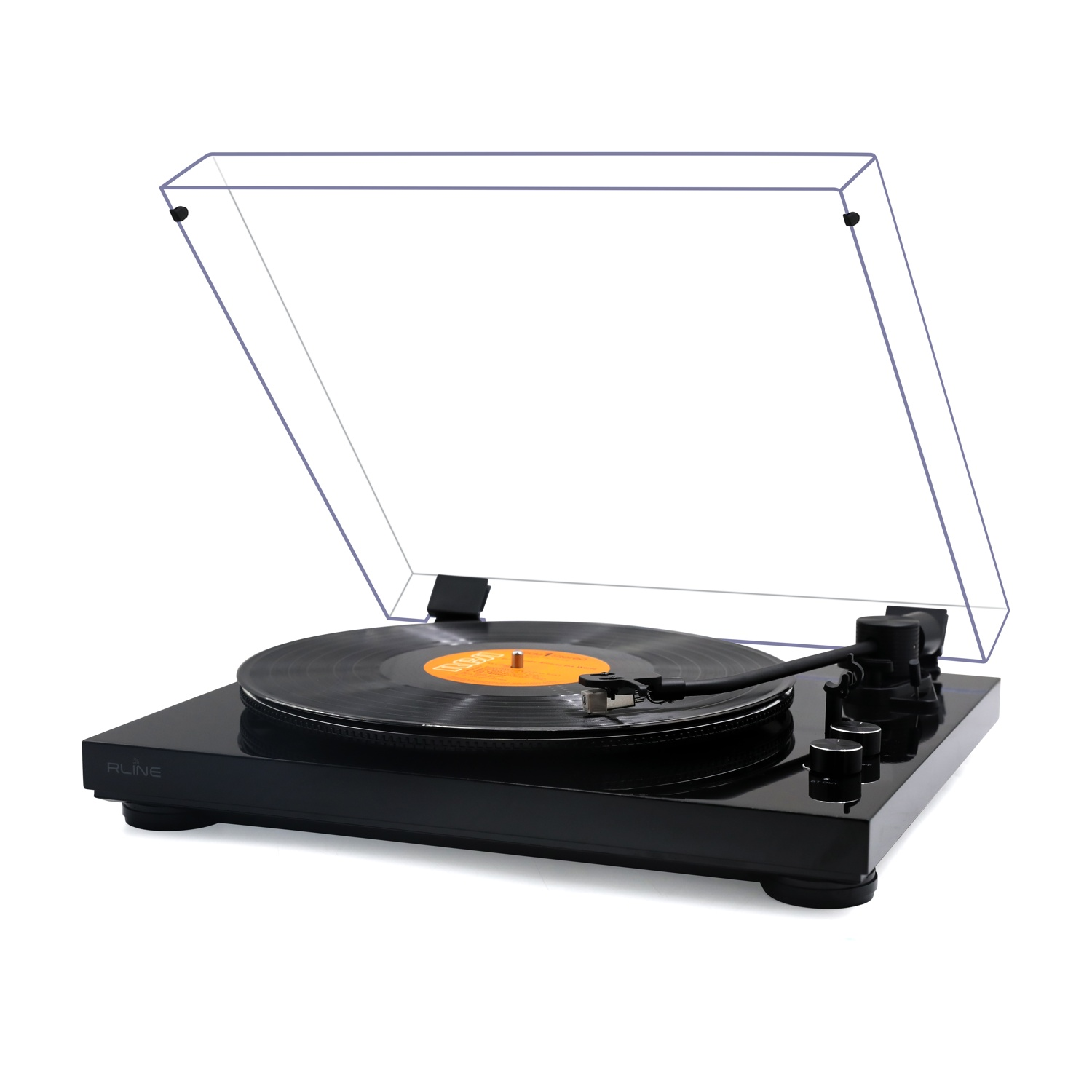 Giradischi nero con vinile e coperchio aperto, isolato su sfondo bianco.