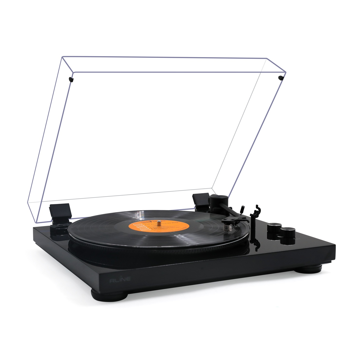 Giradischi nero con disco in vinile e coperchio trasparente sollevato.