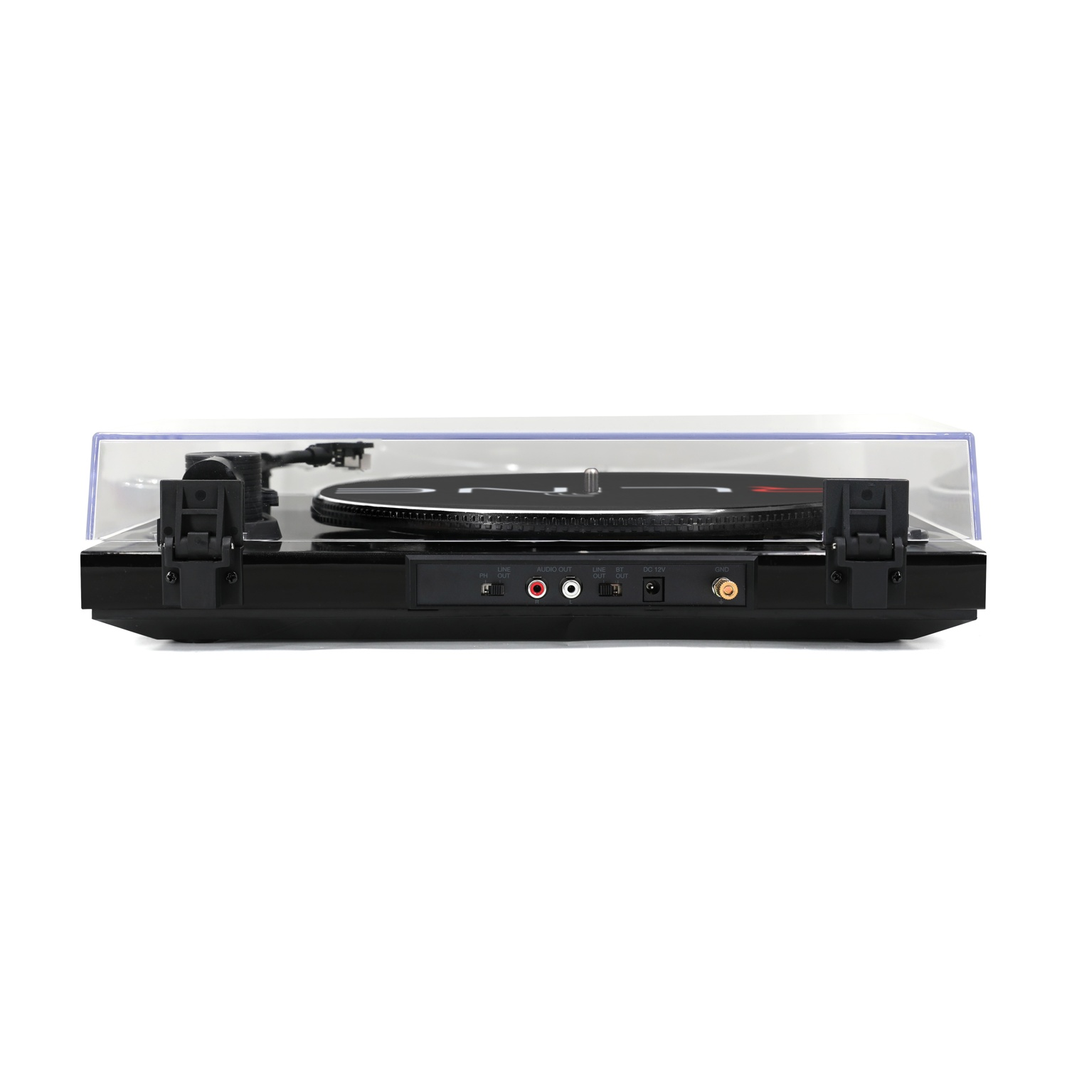 Giradischi nero con coperchio trasparente, disco in vinile e porte.