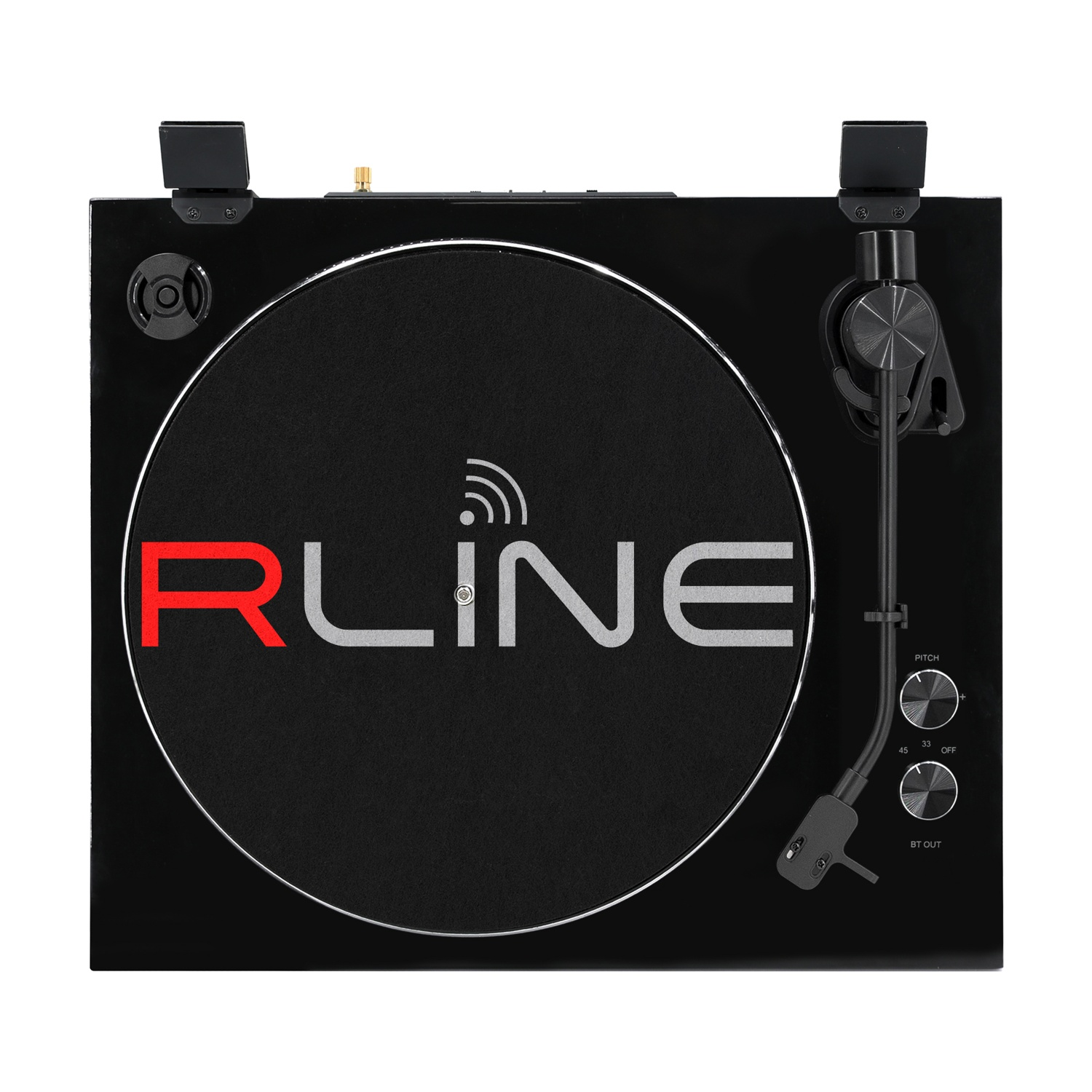 Giradischi nero con logo RLNE, braccio e manopole di controllo.