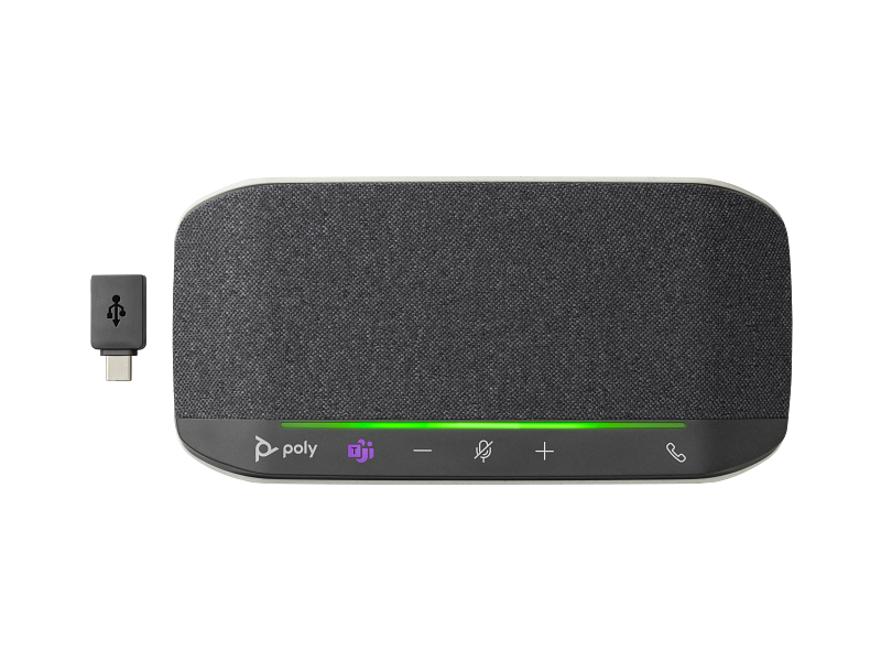 Poly konferenciamikrofon USB-dongle-val. Zöld LED sáv.